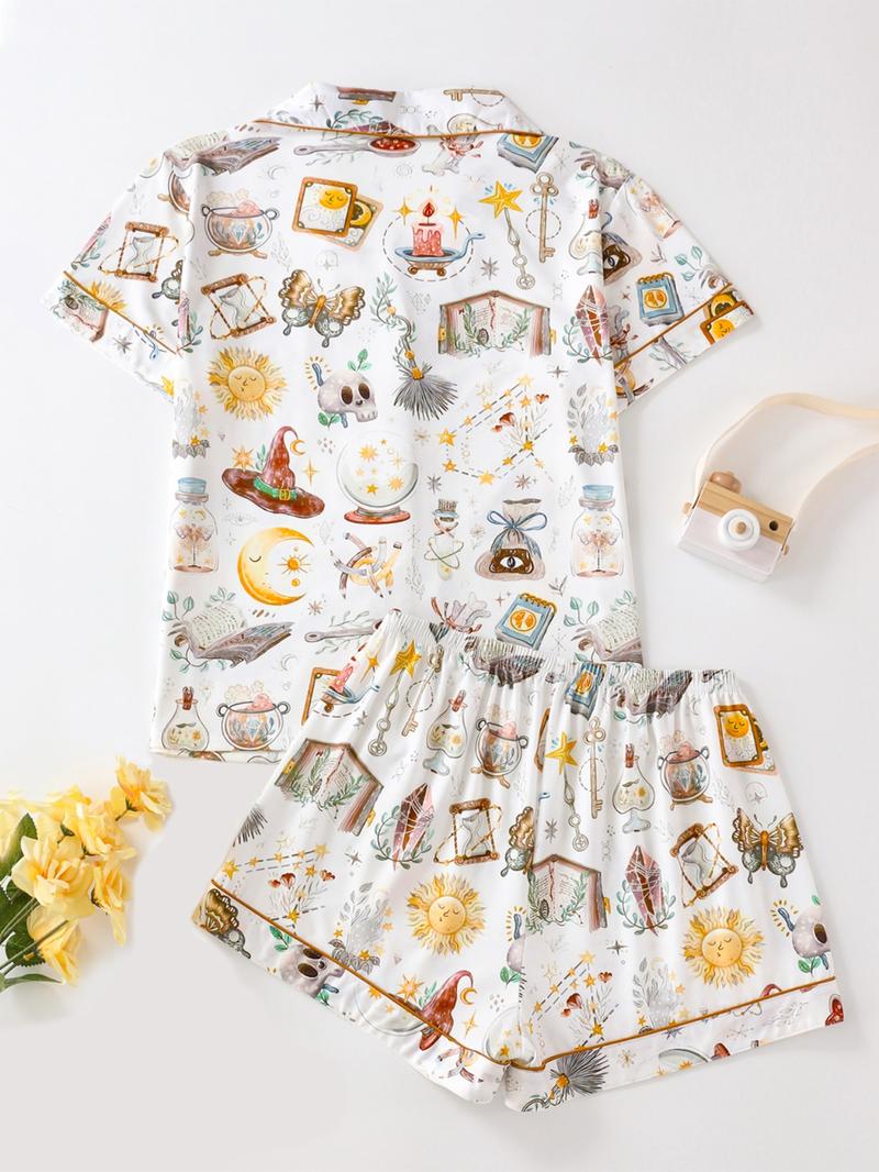 Women's All Over Print Pyjamas Two-piece Set, Casual Comfy Short Sleeve Lapel Neck Pajama Top & Elastic Waist Shorts PJ Set, Ladies Sleepwear, Loungewear Pajamas Set, Casual Pajama Sets