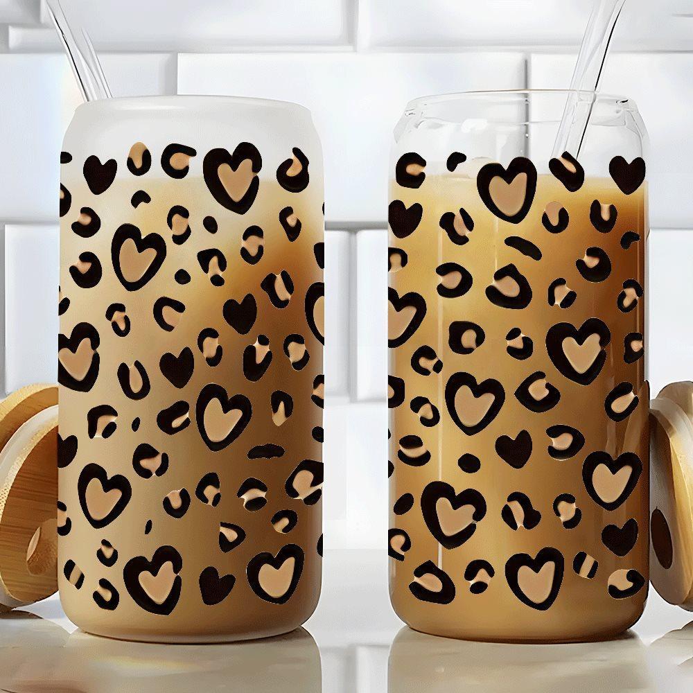 Trendy Heart Leopard Print Glass Tumbler with Lid & Straw, Clear 16oz covered straw glass drinking cup, reusable glass drinking cup, high-quality glass jar design, suitable for iced coffee, beer, juice, milk, cold drink glass cups, fashionable glassware