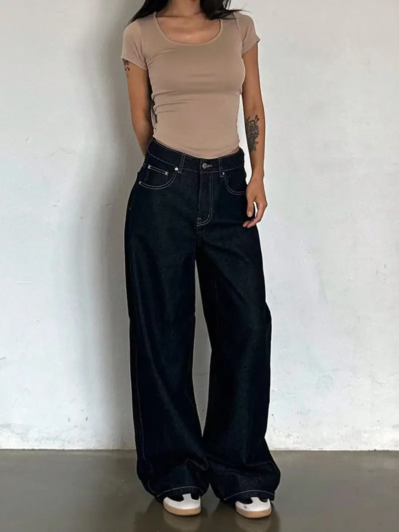 High Waist Dark Wide Leg for Women, American Street Style, Loose Fit, Long Streetwear Denim Pants with Multiple Pockets, All Seasons