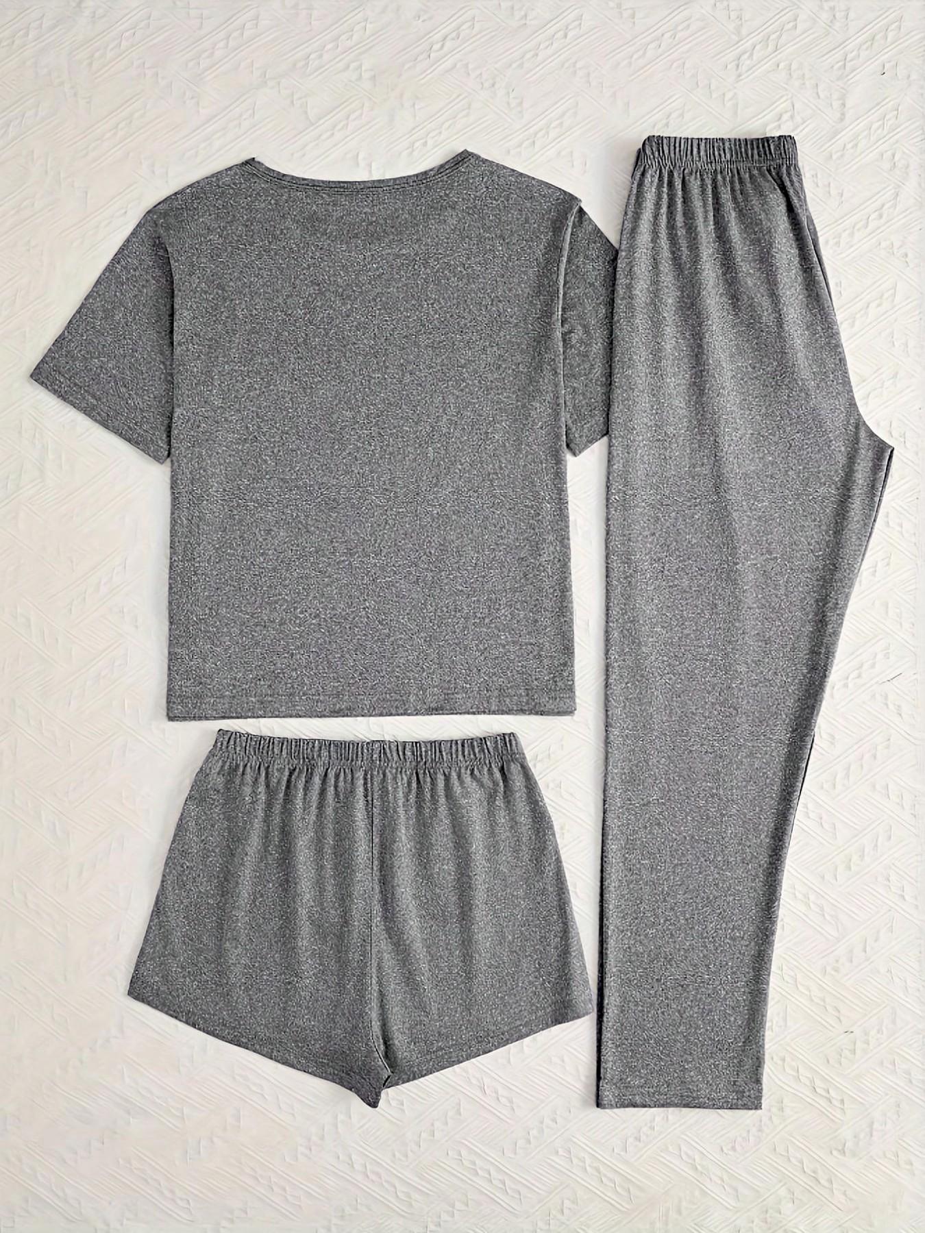 Women's 3-Piece Pajama Set, Sleepwear, Humorous Cat Theme, Coffee Pattern, Comfortable Home Wear, Loungewear Outfit, Slim-Fitting, All Seasons, Casual Style