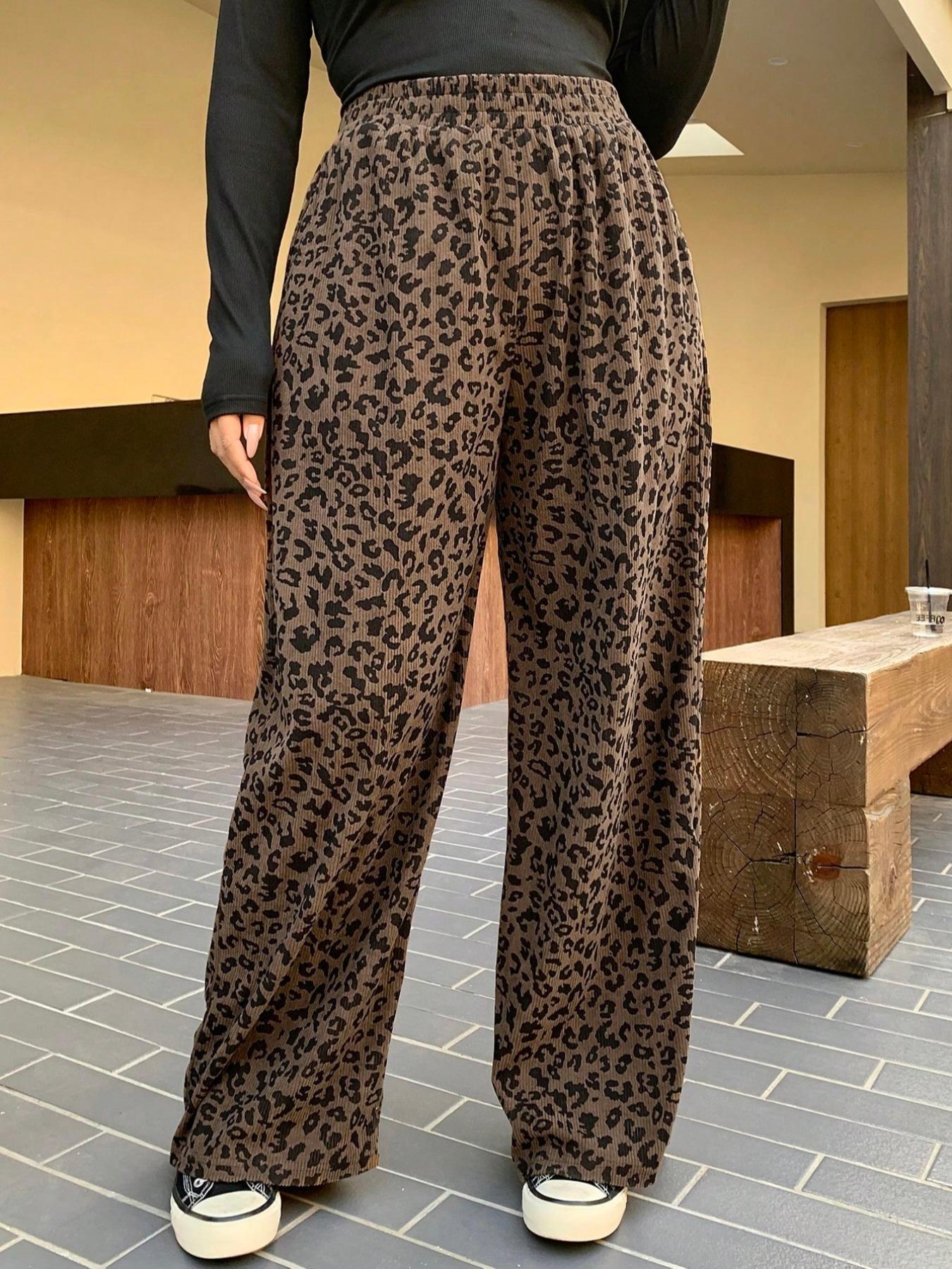 Plus Size Women's Loose-Fit Leopard Print Corduroy Pants with Elastic Waistband, Coffee-Colored Long Pants for All Seasons, Perfect for Back to School and Casual Dates, Casual Fashion Pants
