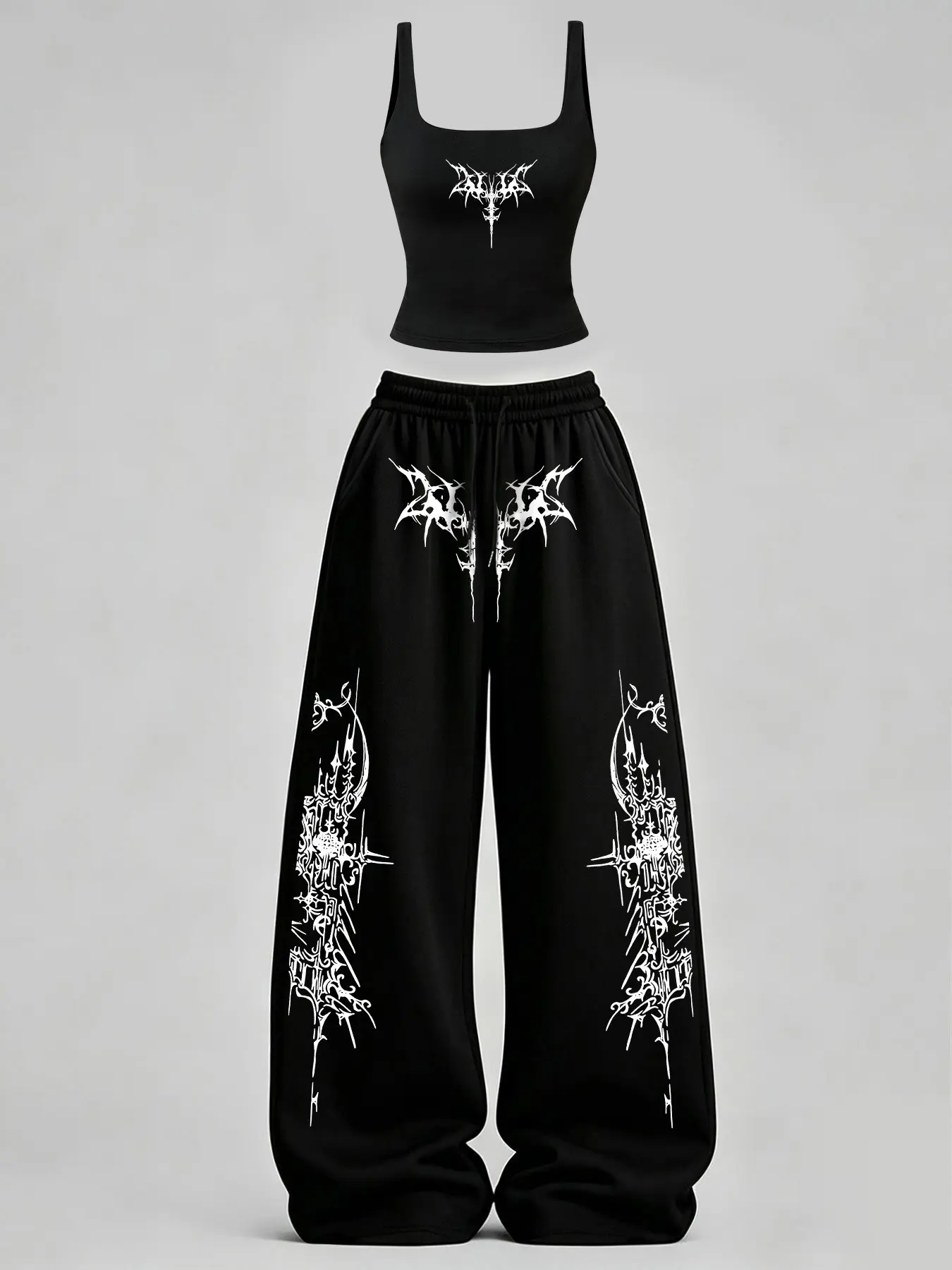 Women's Casual Home Wear Set, V-Neck Slim Fit Tank Top + Loose Long Pants, Gothic Y2K Style, Perfect for Daily Commute & Streetwear