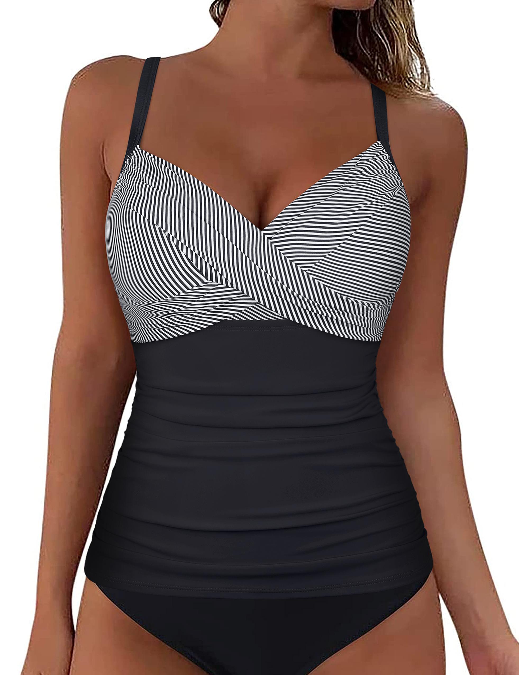 Hilor Women's Underwire Tankini Top Swimwear Twist V Neck Swimsuits for Big Busted Tummy Control Bathing Suits Top Only