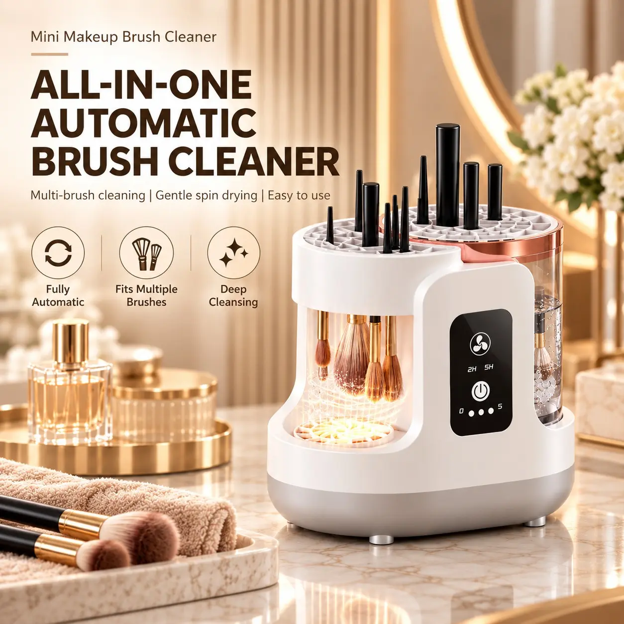 Automatic Makeup Brush Cleaner Machine, Electric Brush Washer & Dryer with Red Light Care — Fast Wash, Spin & Fan Dry for All Brush Sizes