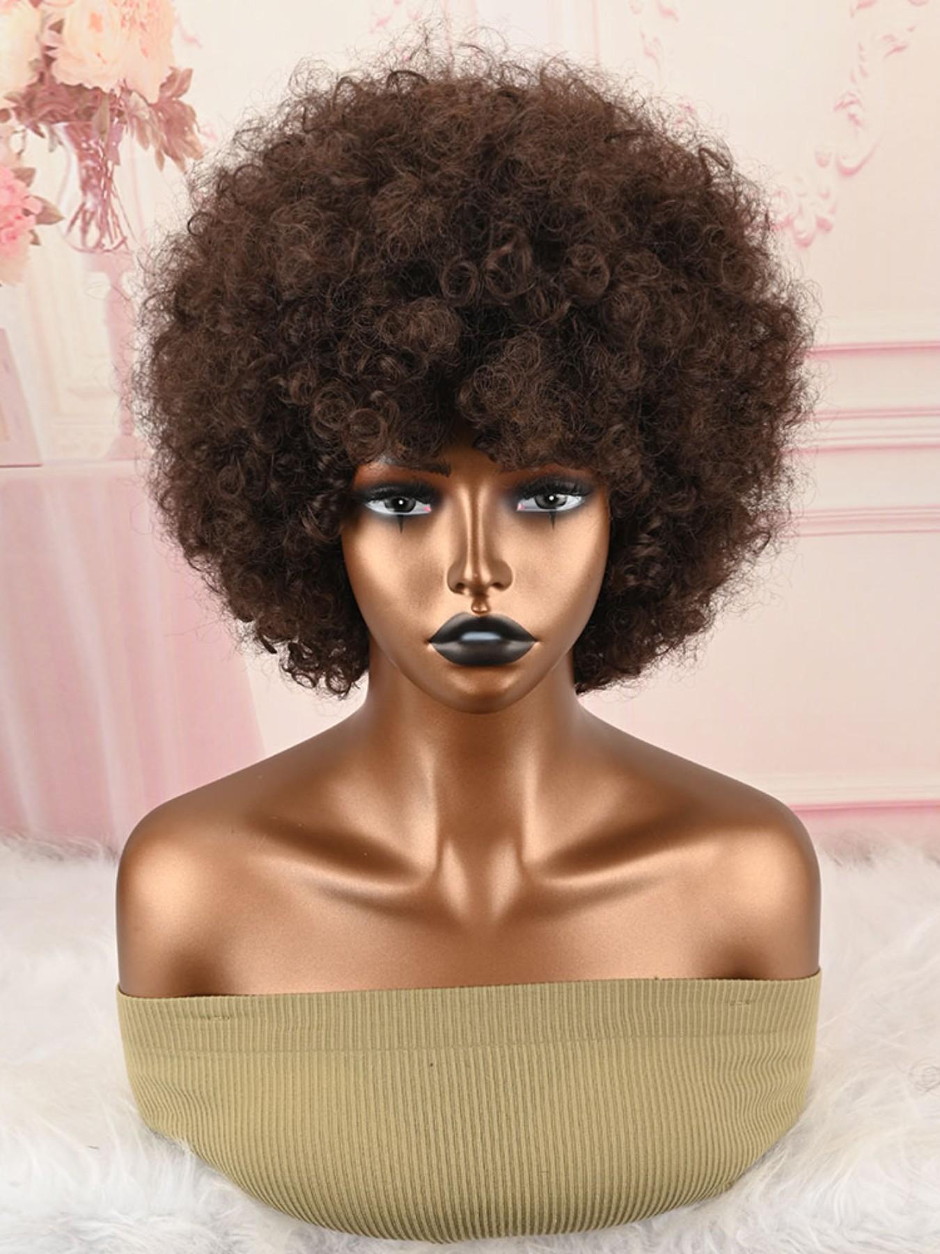 Chocolate Brown Fluffy Afro Synthetic Wig With Bangs High Temperature Fiber Short Kinky Curly Full Wig Retro Style For Women Party Cosplay Photoshoot