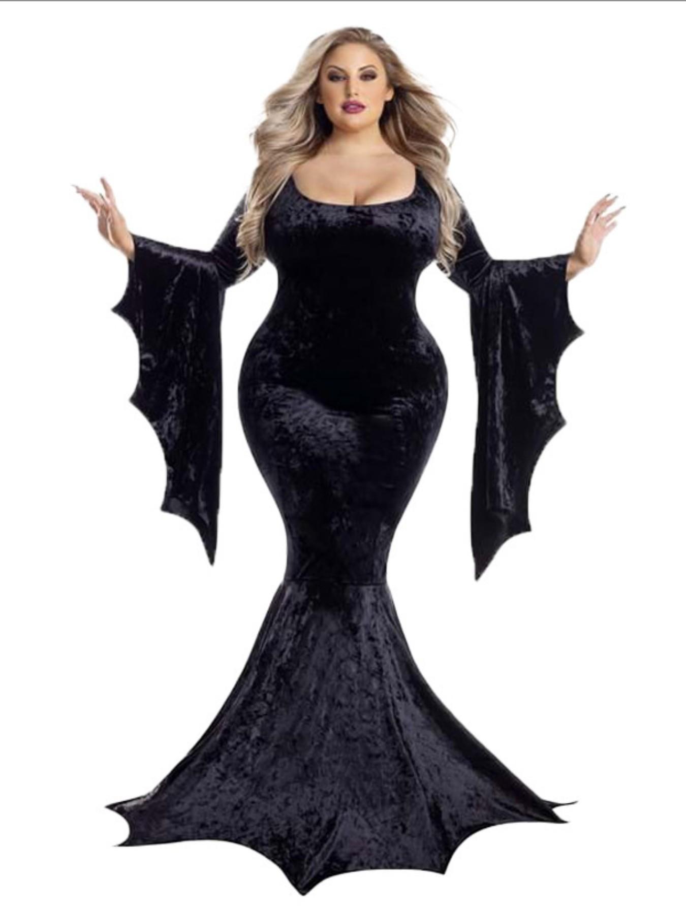 Witchy Costume Morticia Addams Long Train Dress Halloween Terror Dark Outfit Gothic Gown Robe Bat Sleeve Horror For Adult