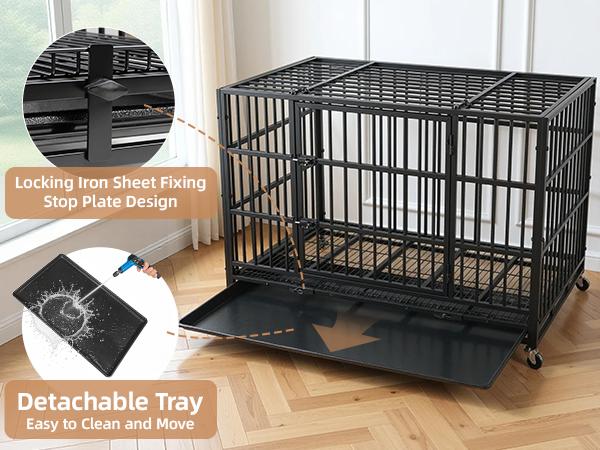 42” Heavy Duty Indestructible Dog Crate, High Anxiety Dog Crate, Escape Proof Dog Cage Kennel with 4 Lockable Wheels, Double Sturdy Locks, Double Door and Removable Tray Design, for Large Dogs