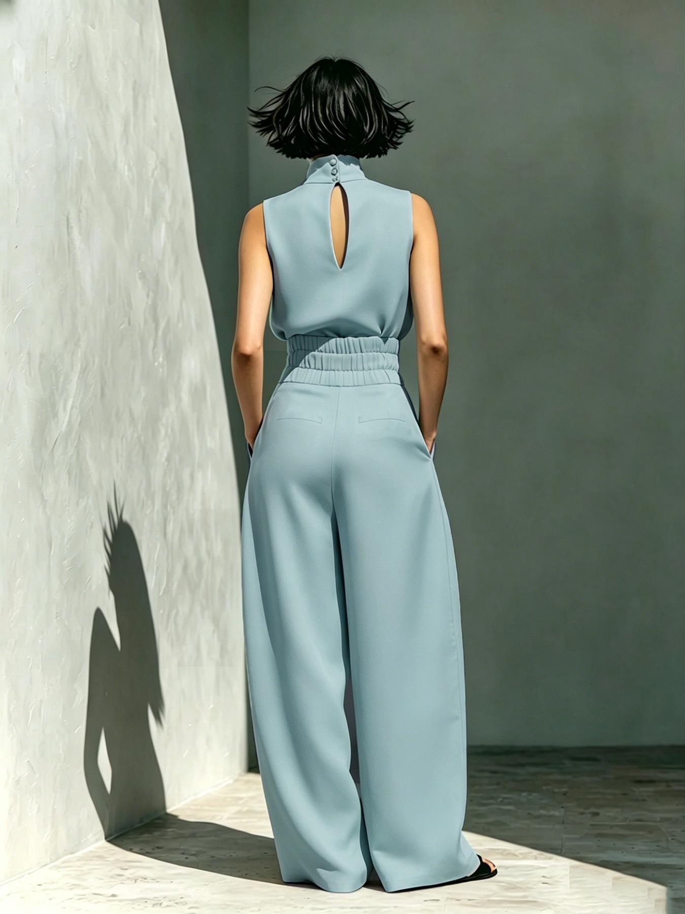 Women's Two-Piece Set High Neck Sleeveless Top and Long Pants, Elegant Style High Waist Wide Leg Pants Set, Fashionable Ladies Women's Two-Piece Set High Neck Sleeveless Top and Long Pants, Elegant Style High Waist Wide Leg Pants Set, Fashionable Ladies
