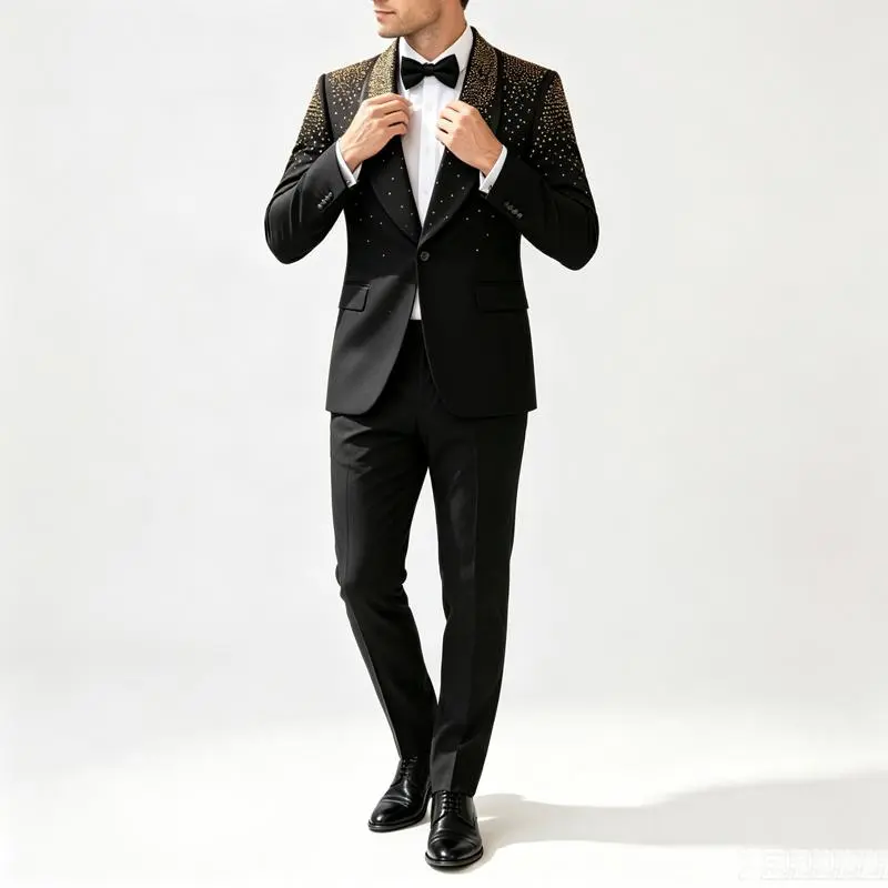 Men's 2 Pieces Suit, Slim Fit Double Breasted Tuxedo, Blazer & Pants Outfit with Handmade Crystal Rhinestones