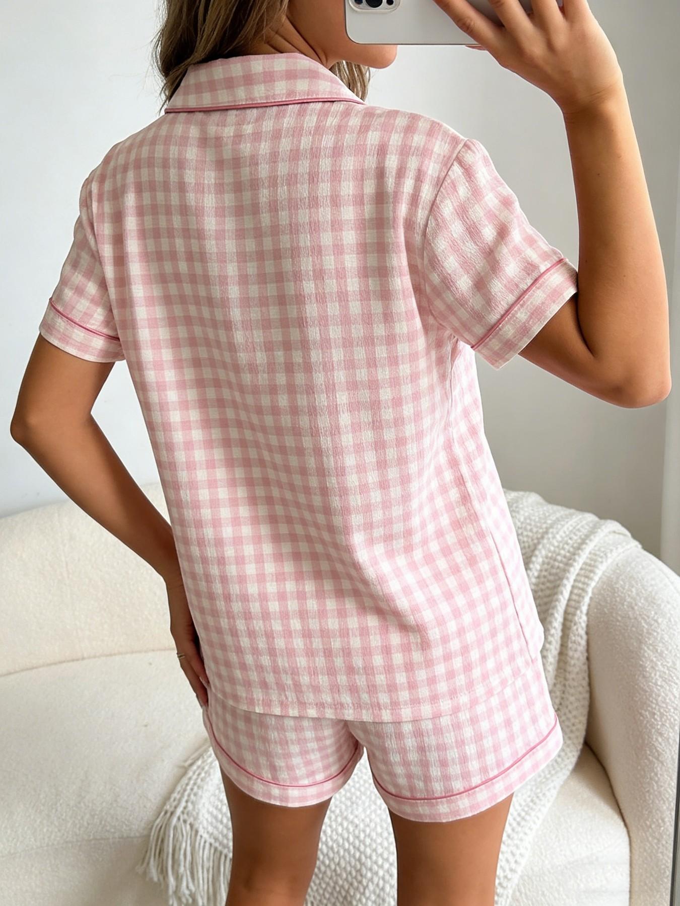 Women's Short Sleeve Button Down Top and Shorts Pajama Set, Spring Summer Wear, For Korean Ins Aesthetic Bloggers, Pink White Gingham Print, Classic Lapel Collar With Contrast Pink Piping, Loose Fit, Comfortable For Home & Photo Shooting