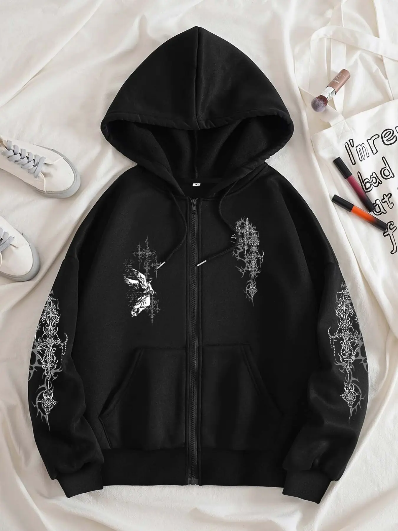 Men’s Gothic Angel Cross Graphic Zip Up Hoodie, Fleece Lined Thermal Oversized Hooded Sweatshirt, Soft Warm Casual Streetwear