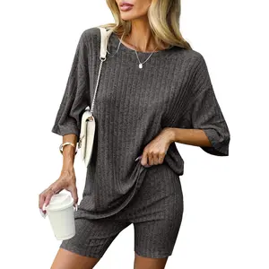 Pajamas 2 Piece Lounge Sets Ribbed Knit Matching Outfits Sleepwear Loungewear Sweatsuits