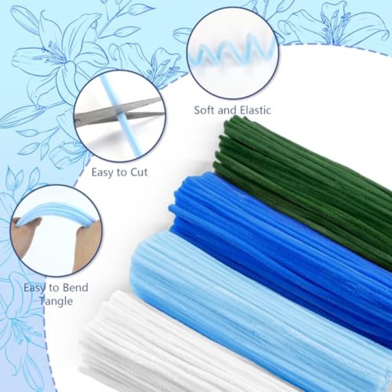 400 Root Cleaning Strips Set, 4 Colors Assorted, DIY Flower Making Kit, Includes Floral Wire, Garden Tape, Stamen, Ribbon, Chenille Strip Blue