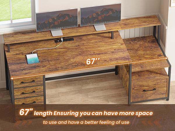 SEDETA 66-inch Home Office Desk with File Drawers and Power Outlets Printer Cabinet with Storage Shelves and Monitor Shelf, Game Table with LED Lights