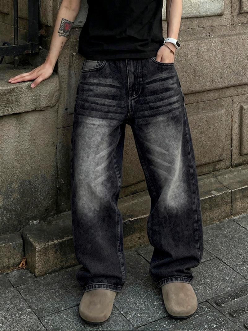 Men's Y2K Hip-Hop Style Black and Gray Gradient Stone Washed Jeans | Loose Baggy Street Style Jeans Retro Distressed Urban Street Casual Daily Wear