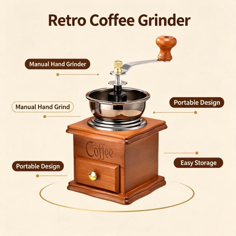 Vintage Wooden Manual Coffee Grinder, Portable Hand Crank Coffee Bean Mill with Collection Drawer, Adjustable Grinding for Camping, Travel, Home & Office Coffee Brewing
