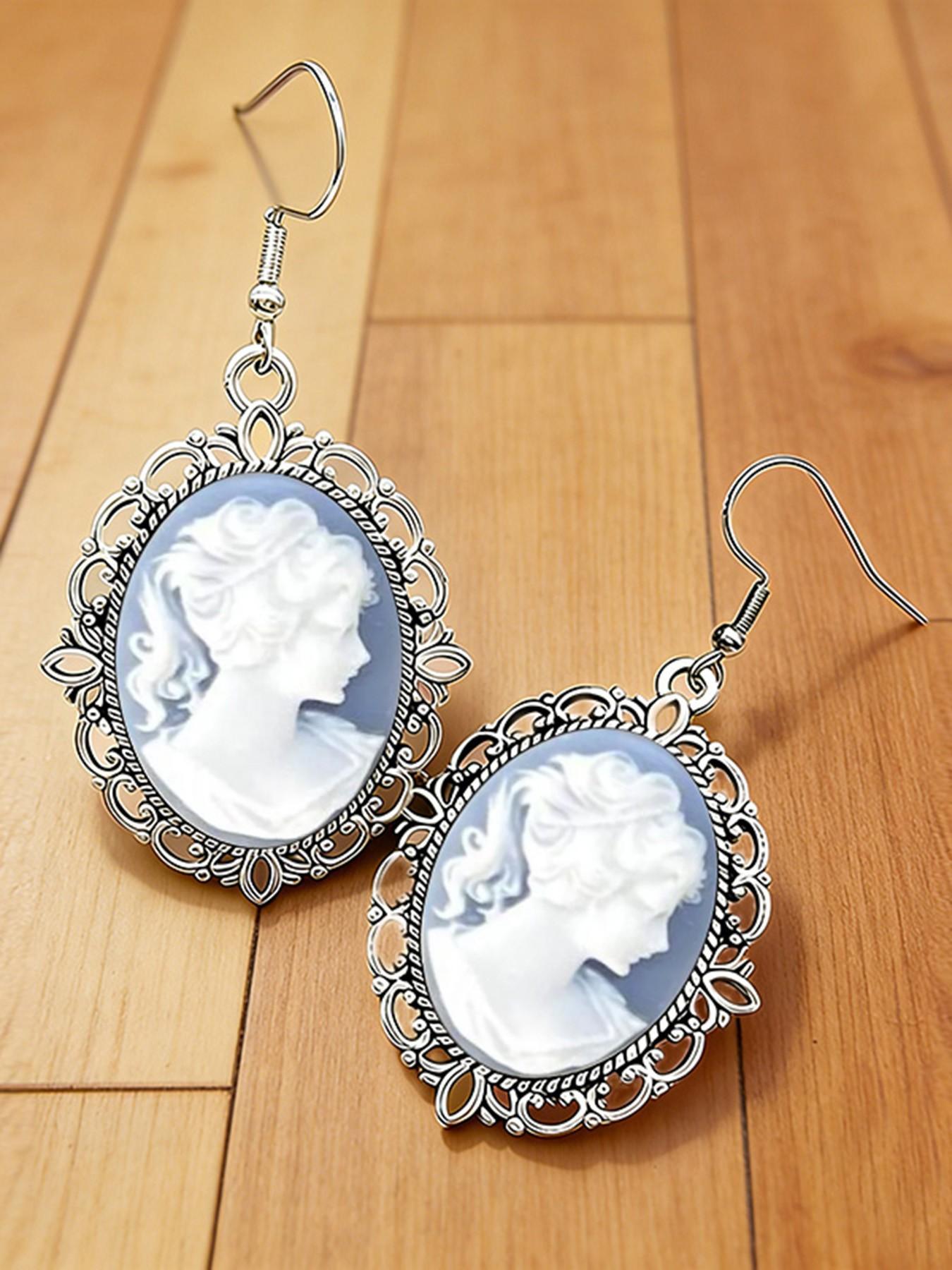 Vintage Oval Female Cameo Dangle Earrings European Classic Silver Plated Earrings For Women Jewelry Accessories Gifts