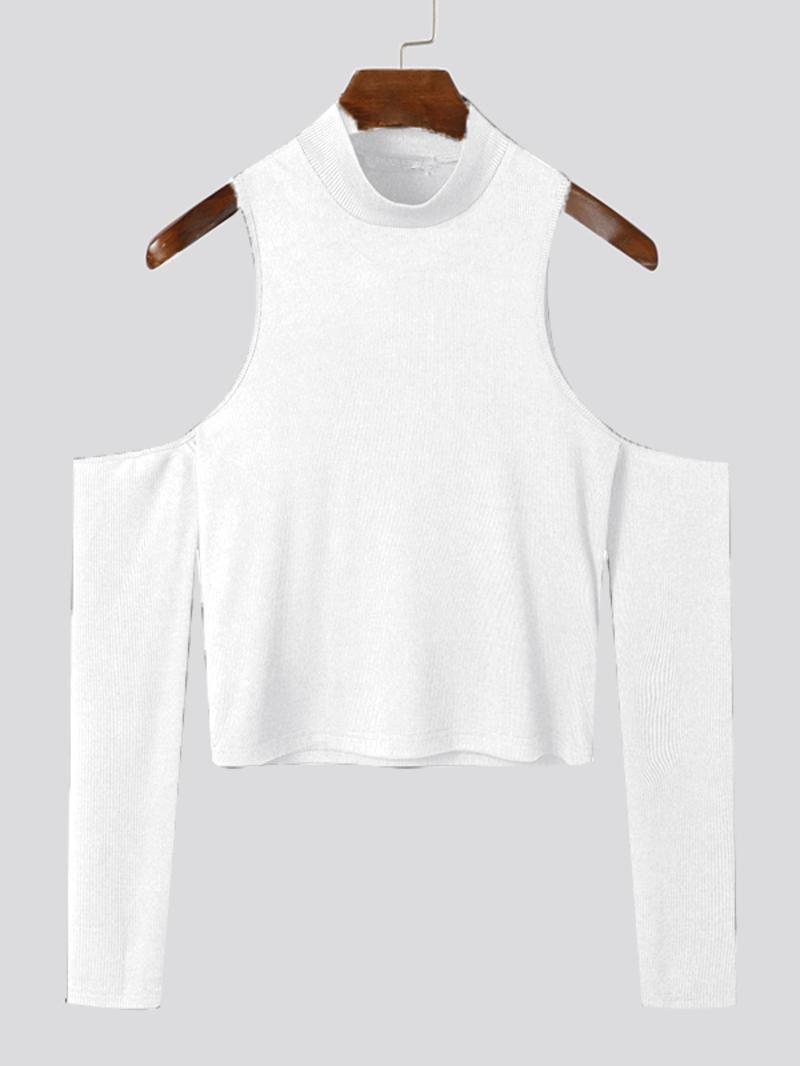 Men's Slim Cold Shoulder Mock Neck Crop Tank Top, Cut Out Long Sleeve T-shirt for Spring & Fall, Comfort Basic Minimalist Menswear for Daily Wear