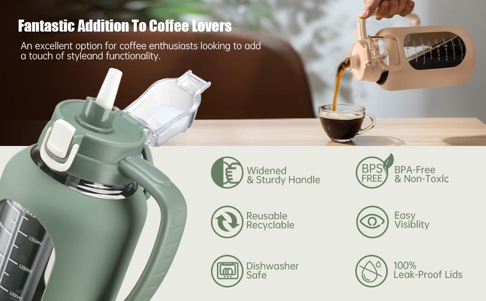 【WINSA】 64 oz Glass Water Bottle with Lid and Handle Half Gallon Water Bottle with Time Marker Large Water Bottle with Silicone Sleeve for Coffee, Juice Homemade Beverages Hydration Tumbler Waterbottle Drinkware