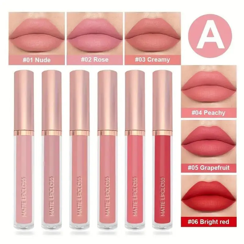 6-Piece Matte Lip Gloss Set, Includes Matte Glaze and Milk Tea Color, Non-Sticky Matte Lip Gloss, Perfect Mother's Day Gift