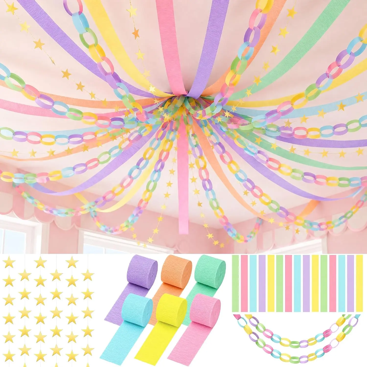 1000 Sheet Macaron Paper Chain Strips and 65 ft Gold Star Garland Set