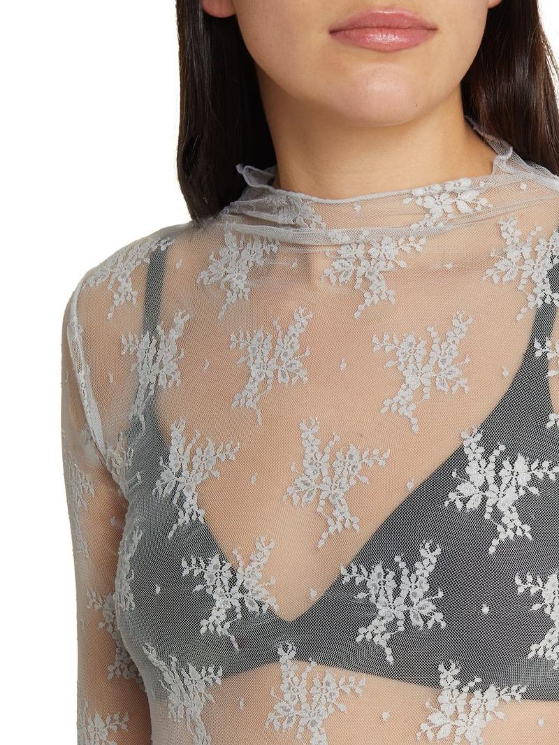 Women's Floral Layering Lace Tops With Thumb Hole, Mesh See Through Slim Shirt All Seasons, Micro Elasticity Long Sleeve Mock Neck Sxy Style