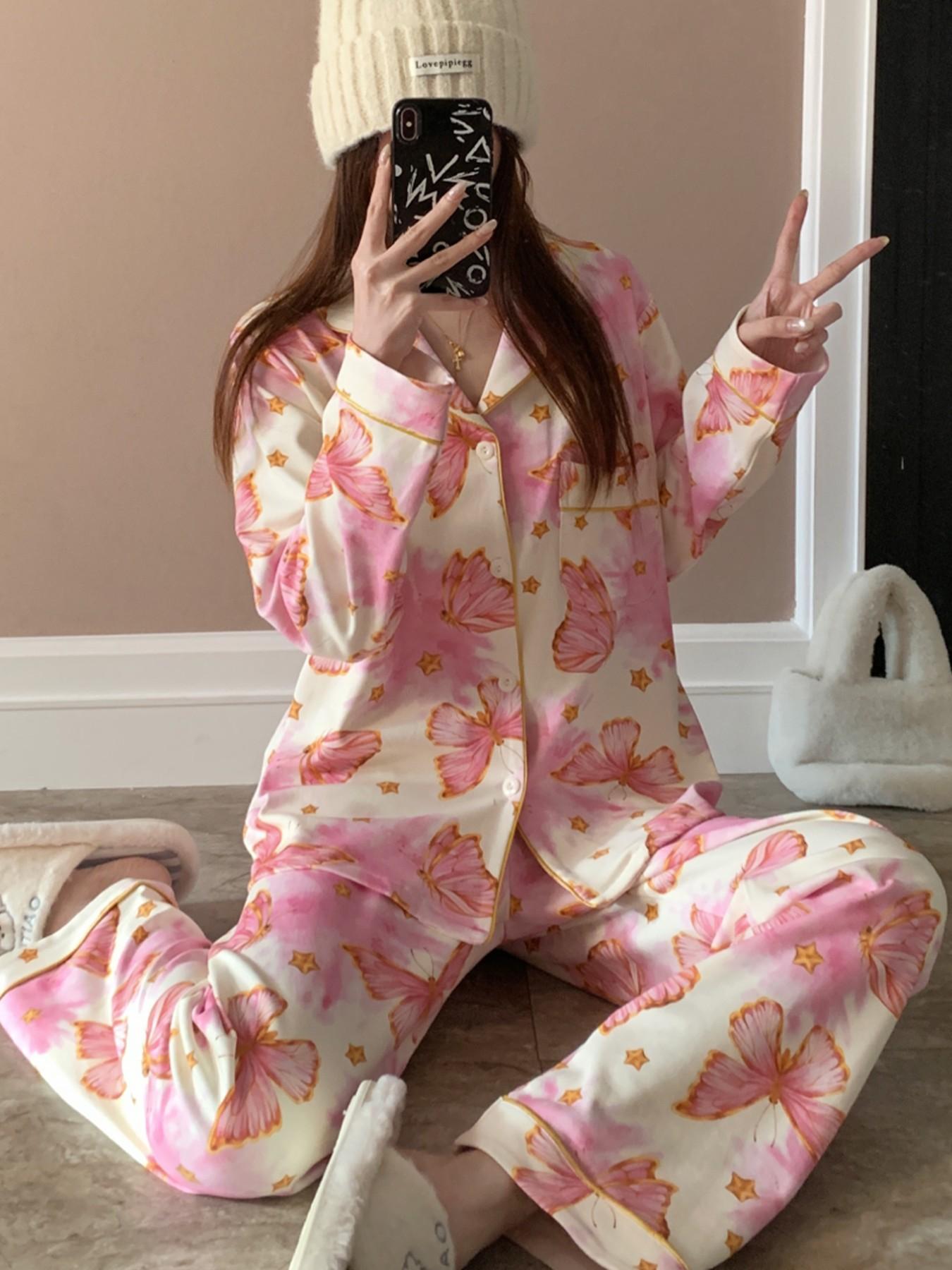 Elegant Open Front Sleepwear for Women, Comfortable Nightwear, Butterfly Print, Long Sleeve Fashion Pajamas, Pajama Set, Spring & Fall