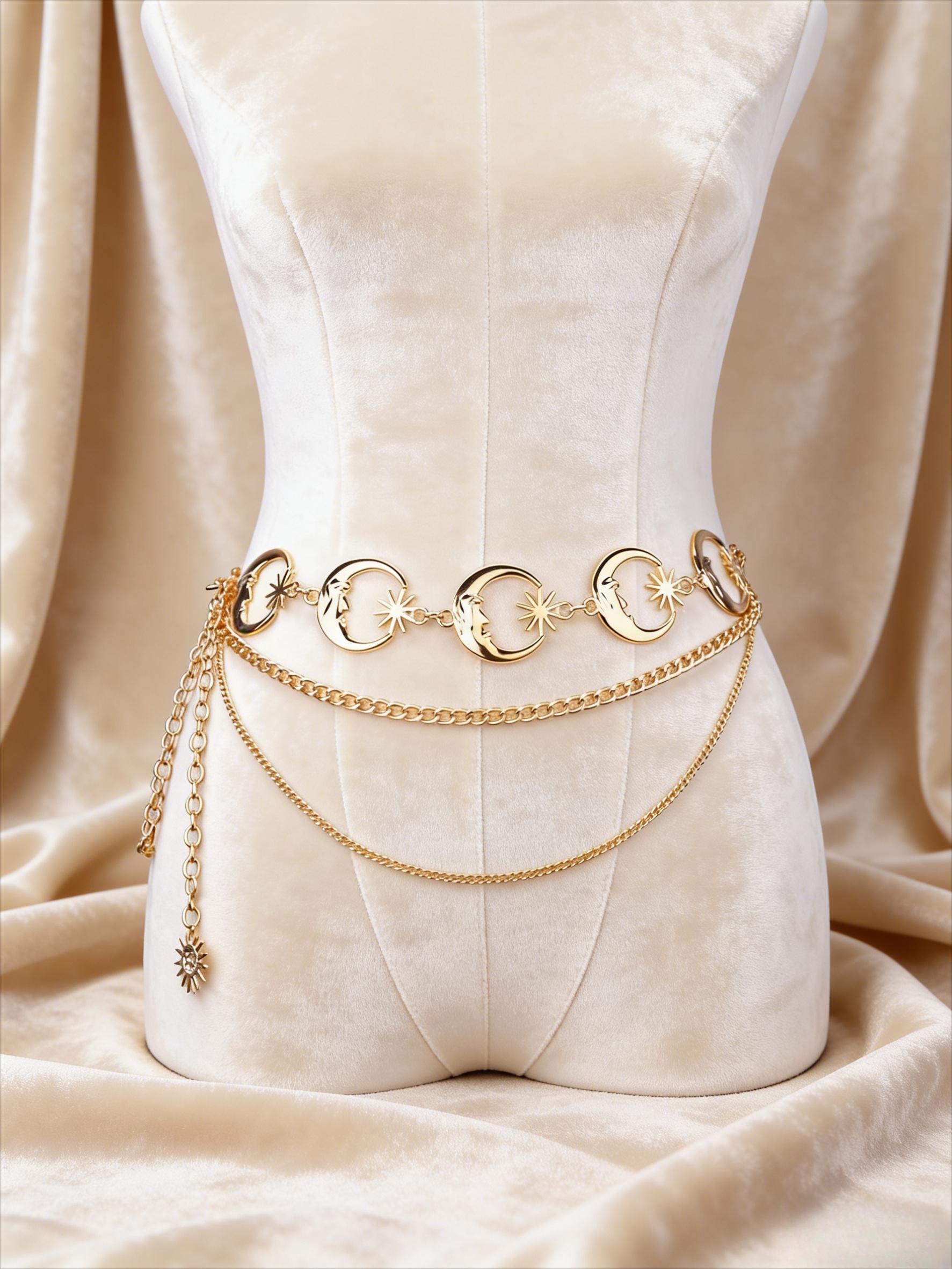 Star moon sun element multi-layer metal waist chain, Y2K Spice Girl style niche design sense body chain, versatile dress waist decorative chain, personalized wear artifact Internet celebrity popular accessories