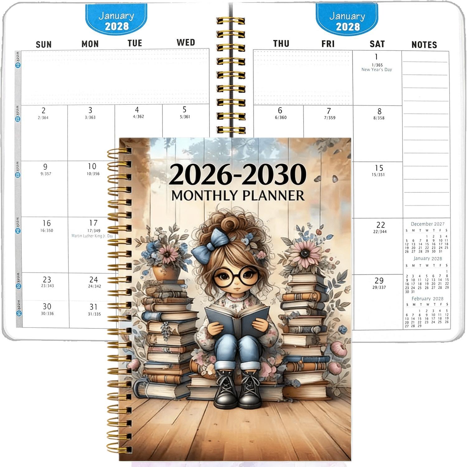 2026-2030 Monthly Planner/Calendar - January 2026 to December 2030, 5-Year Monthly Planner, Reading Enthusiast Women's Themed Cover Design Notebook, Yearly Calendar Planning, Monthly Tabs, 60-Month Calendar, 5.5 x 8.3 inches, 71 Sheets/142 Pages Thick Pap
