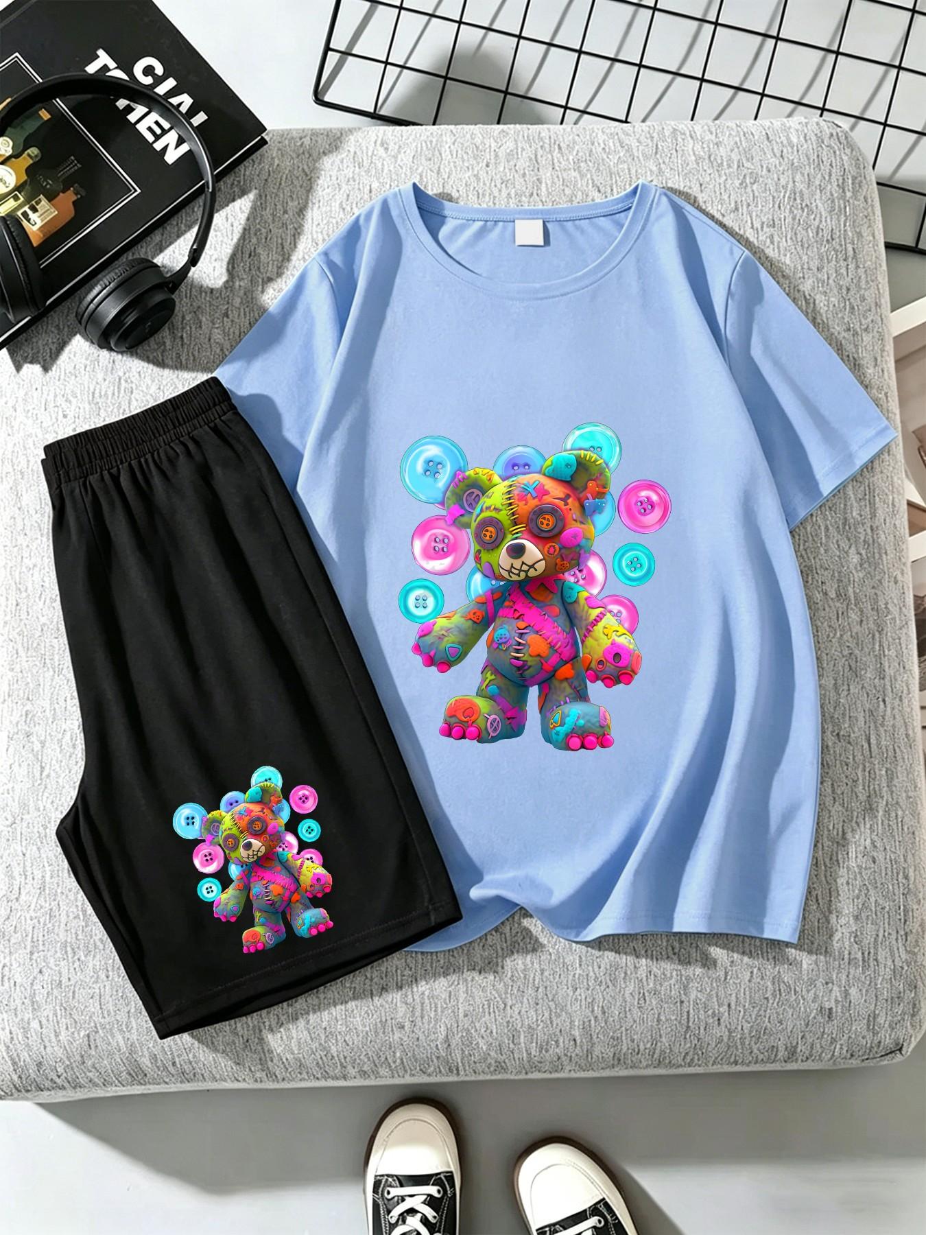 Fashion Boy Suit Set, Cool Graffiti Bear Pattern Design, Perfect Summer for Little Boys, Casual Loose-Fit Short Sleeve