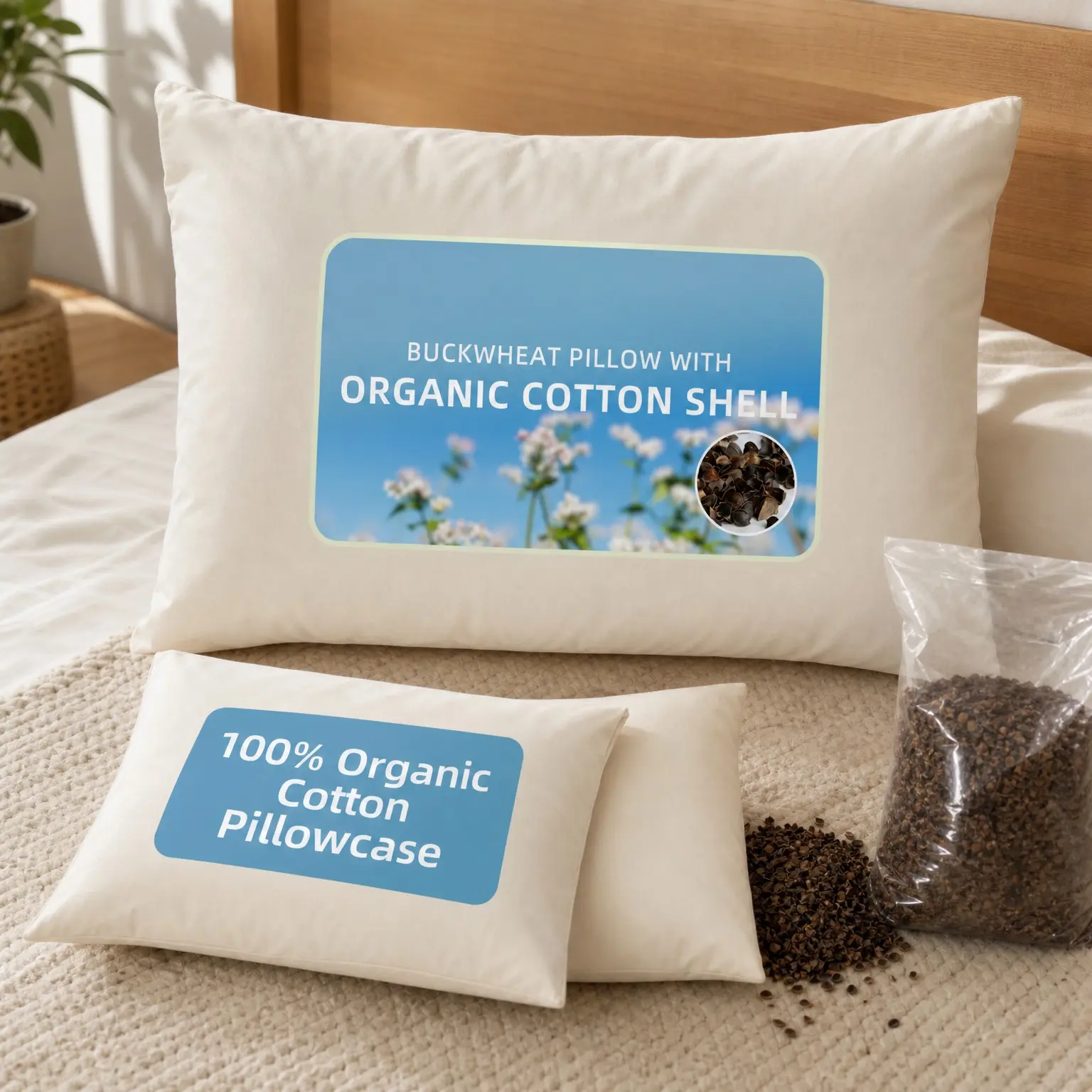 Organic Buckwheat Pillow with Extra Organic Cotton Pillowcase & 1lb Hulls, 15"x19" Adjustable Height Firmness, Cooling Firm Neck Support for Side and Back Sleepers, WhiteGift