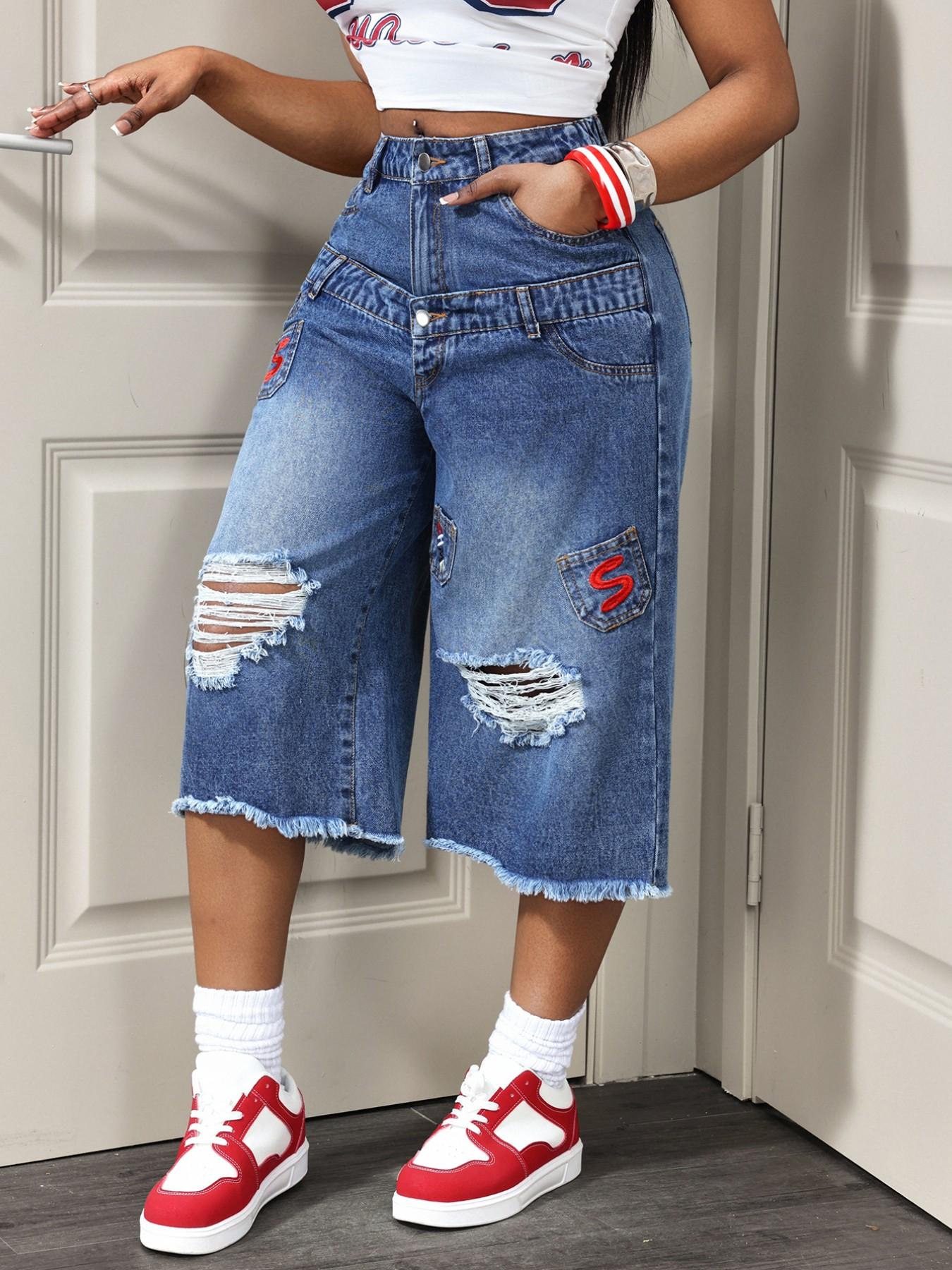 Women's Letter Embroidery Ripped Denim Capri Pants, Straight Leg Double Waistband Jeans, Frayed Hem Multi Pocket Spring Summer Casual Bottom