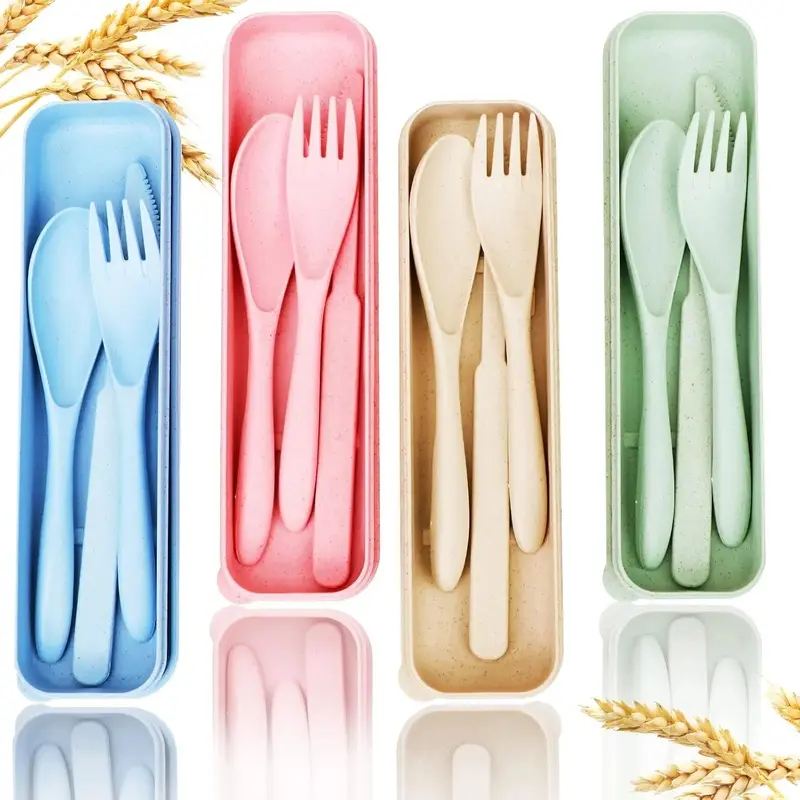 Reusable Travel Wheat Straw Cutlery Sets with Case - 4 Simple Sets of Standard Cutlery,  BPA-Free Fork Spoons, for Adults Picnics Camping (Green, Beige, Pink, Blue)