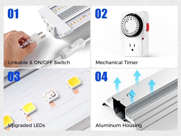 Barrina TX72 Grow Light, 4FT, 288W(4 x 72W), Full Spectrum with 660nm Red LEDs, High PPFD, Mechanical Timer, Linkable, 4 Packs