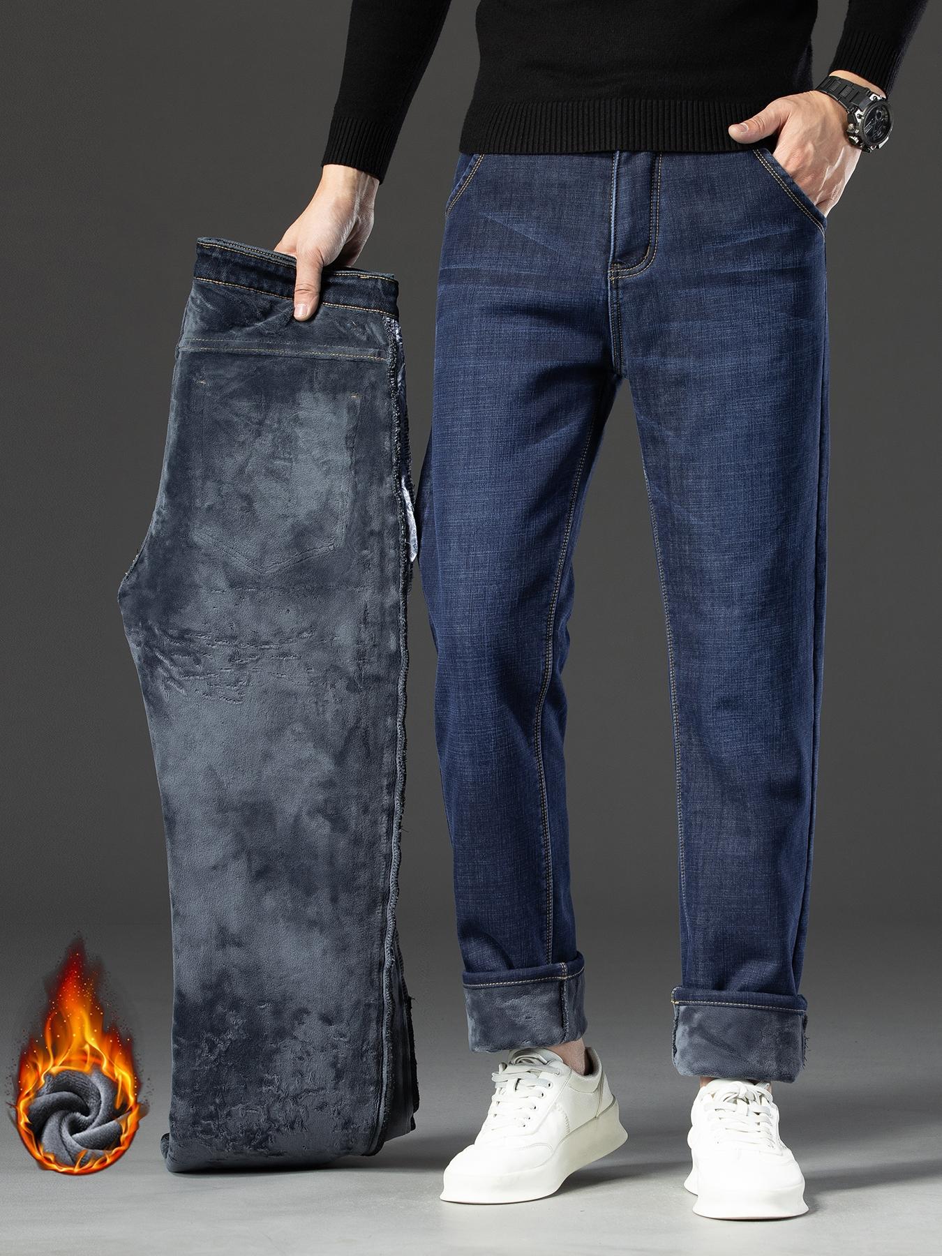 Men's Fleece Lined Denim Jeans, Loose Straight Leg Long Pants, Cotton Elastic Warm Winter Wear, Casual Fashion for Fall & Winter