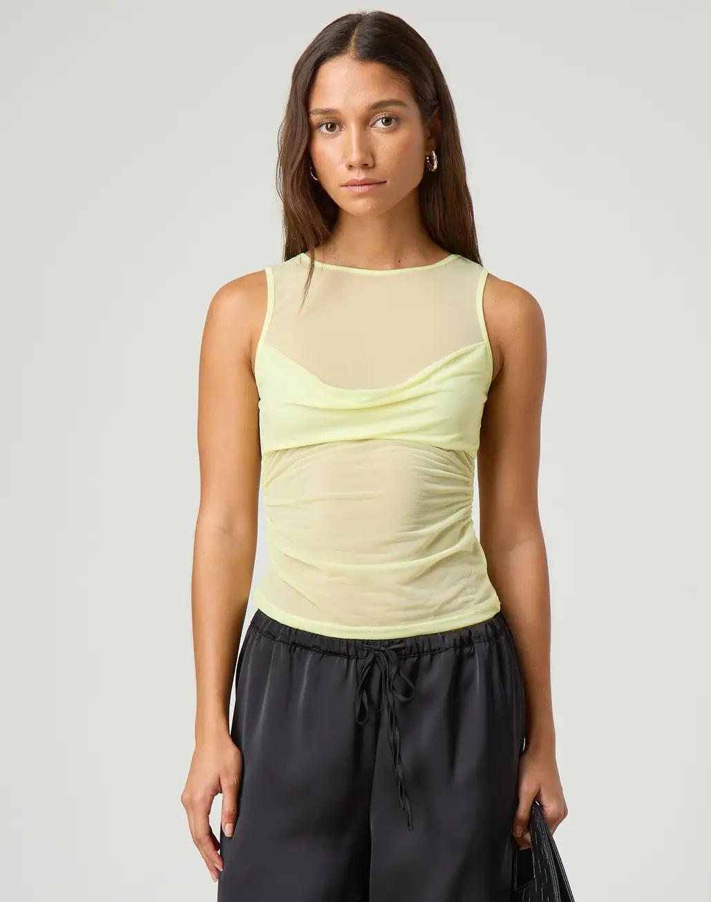 GGFL Y2K Style Black Sheer Mesh Top, Cowl Neck Sleeveless Ruched Crop Top for Party, Club.Women's Black Sheer Mesh Cowl Neck Tank Top, Sleeveless Ruched Slim Fit Crop Top for Party, Night Out