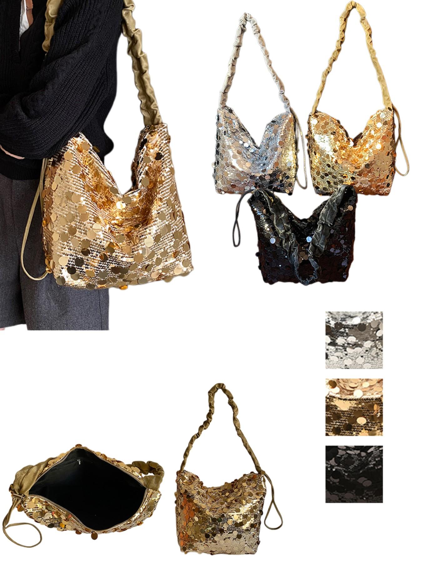 Luxury Sequined Handbag for Women, Silver Color, Large Capacity, Zip Closure, Party, Nightclub, Wedding, Concert