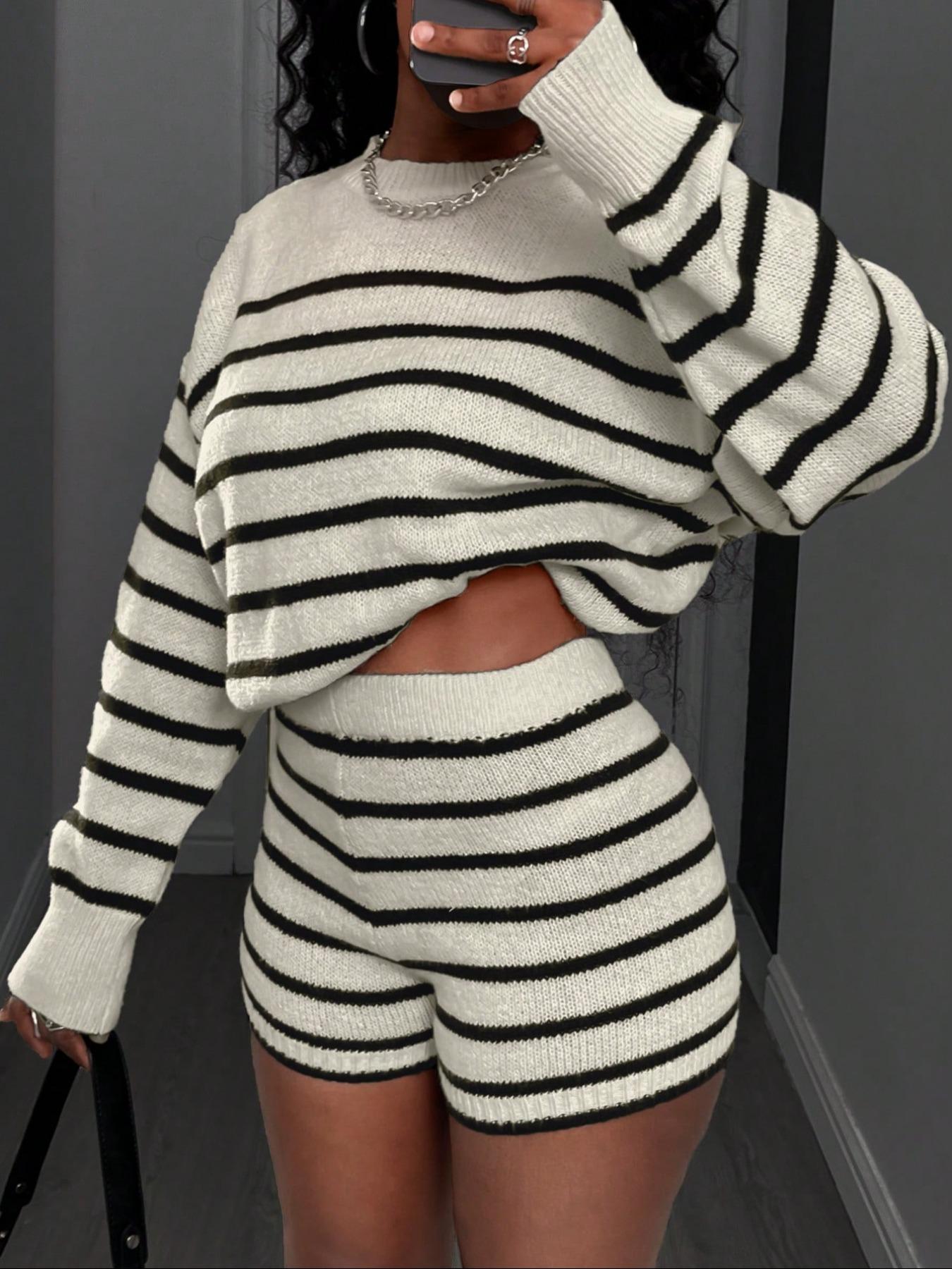 Striped Knit Two-Piece Set, Fitted Casual Home Wear, Long Sleeve Top & High Waist Shorts, Y2K Style, Fall Winter Fashion