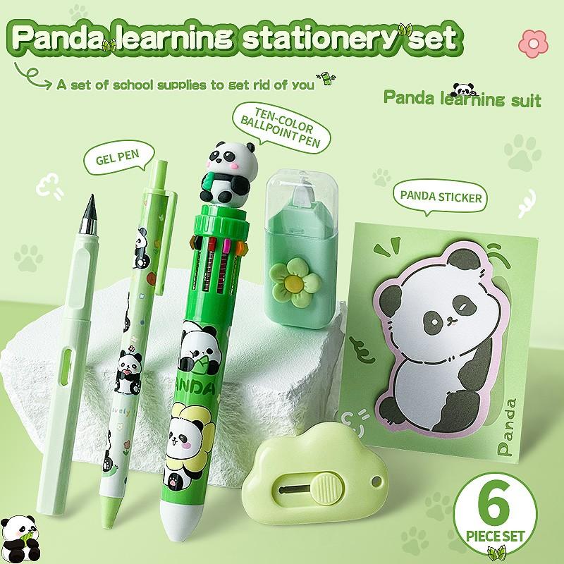 Panda Learning Stationery Set, 6-Piece Aesthetic School Supplies, Ballpoint Pens, Neutral Pens, Pencils, Correction Tape, Sticky Notes, Cute Panda Design