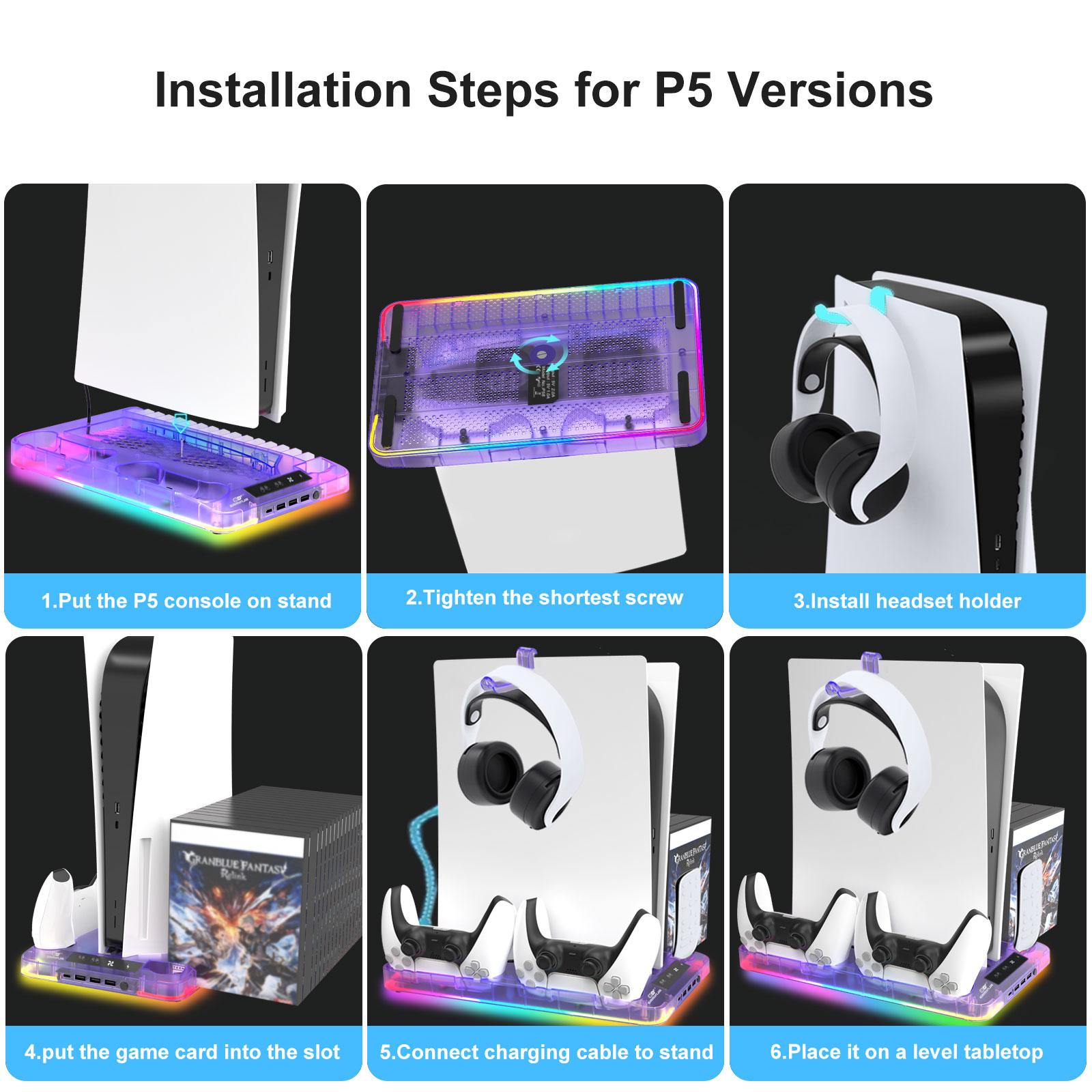 YLW GAMINJA Charging Station Stand For PS5 Slim Game Controller Cooling Fan With RGB Light For Play station5 Gaming Accessories