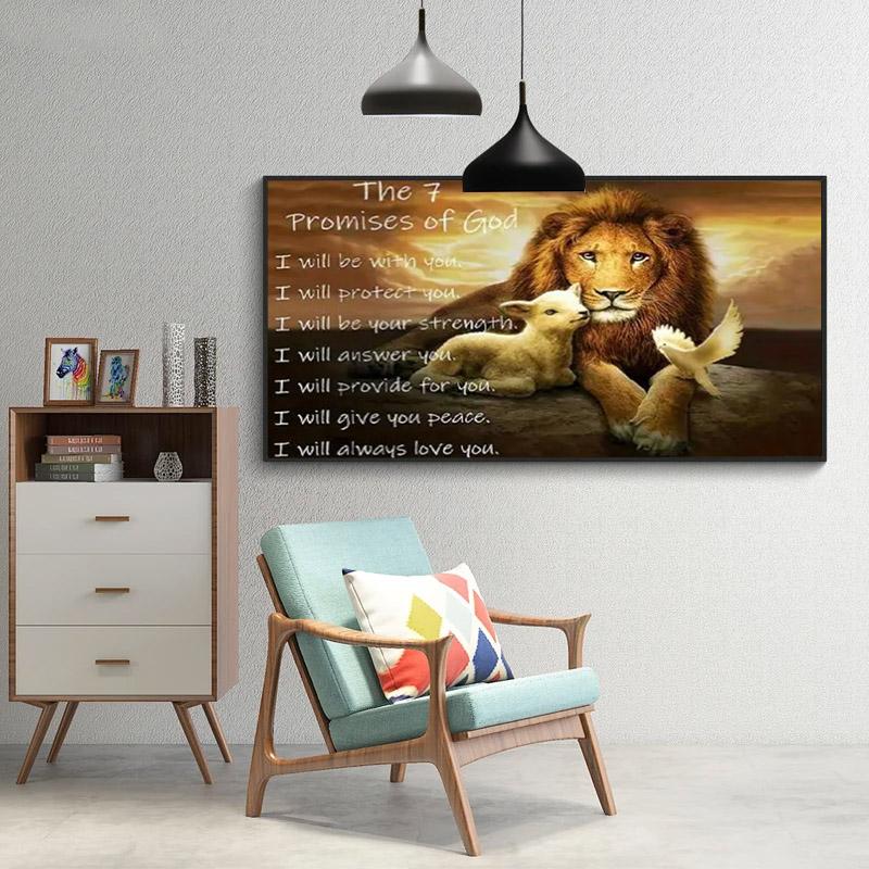 【2D flat】Lion, lamb, white bird, the seven great promises of God. A frameless minimalist canvas wall art, stylish themed decoration, suitable for sofa, dining room, living room, hallway, art mural decoration.
