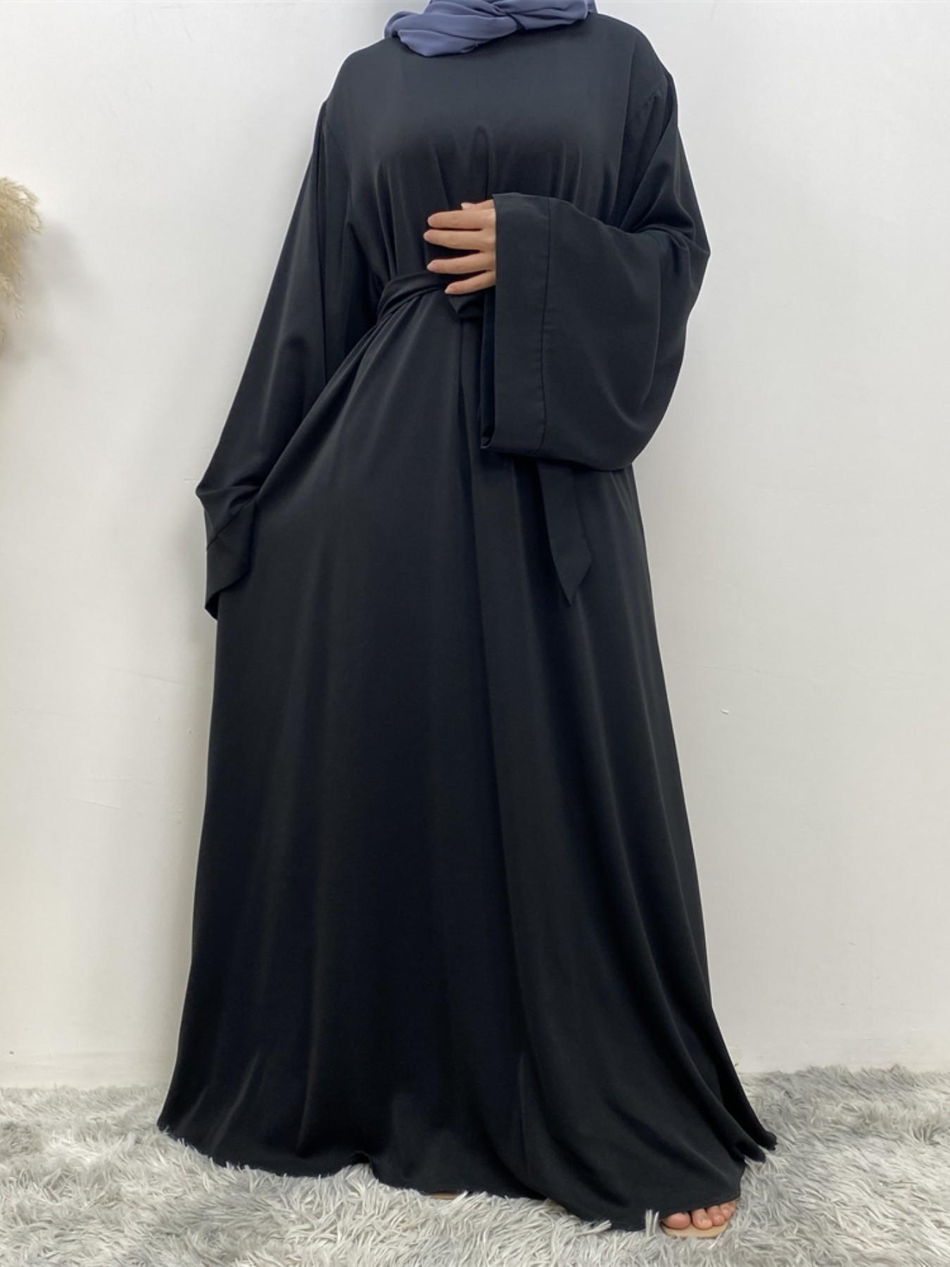 Muslim Modest Fashion Simple Nida High-Quality Long Sleeve Wide Sleeve Dress with Waist Belt, No Hijab Included, 12 Colors, 5 Sizes Available EID Ramadan Dress, Muslim Evening Dress