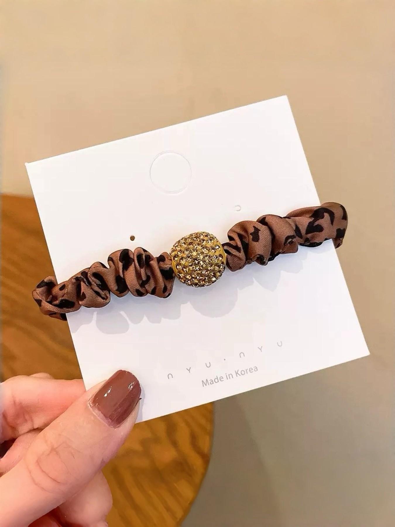 4-Pack Leopard Hair Scrunchies, High Elasticity Water Drill Ball Hair Bands, Fashionable All-Season Headbands for Women