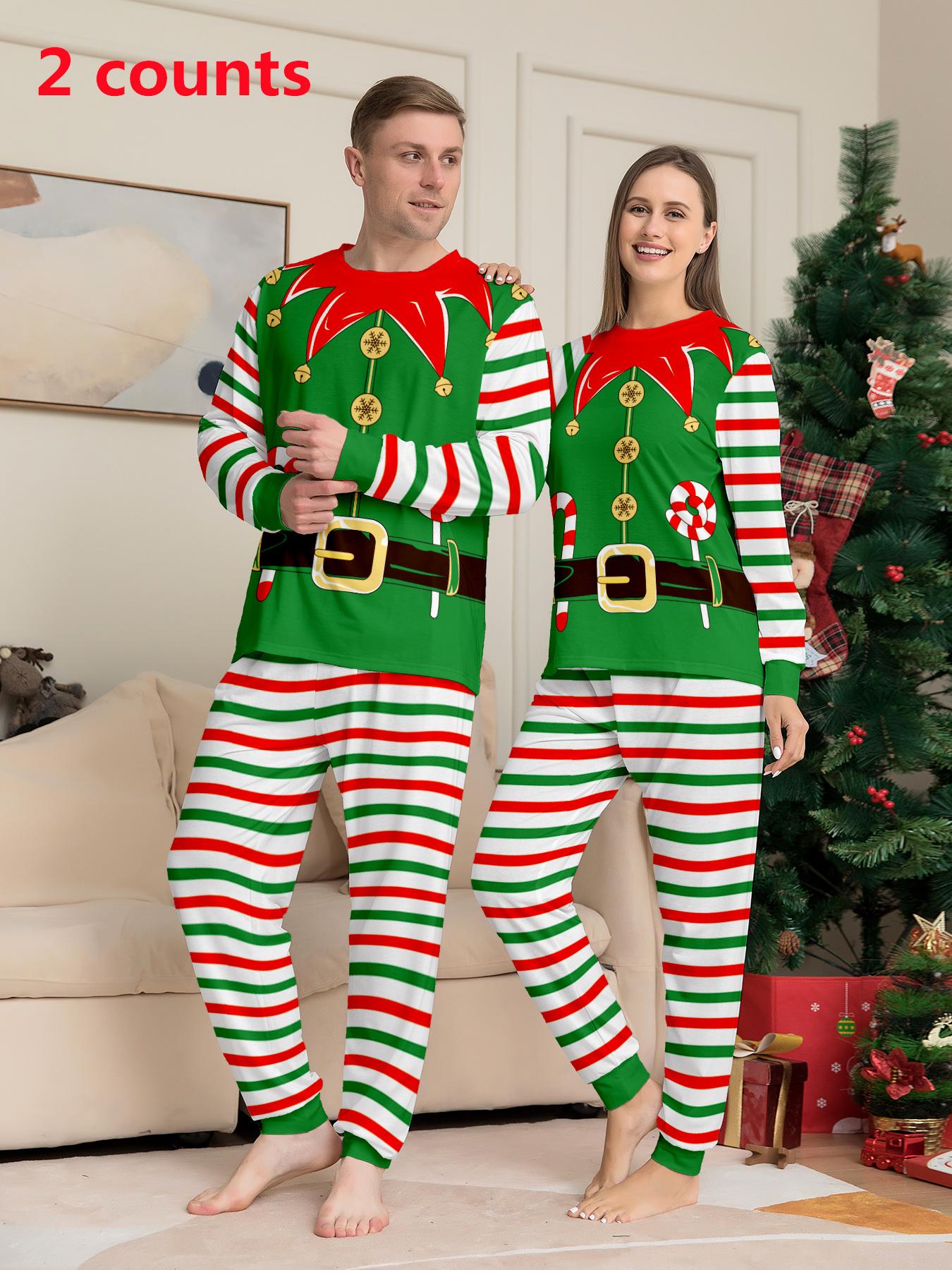 Couple's Christmas Themed Print Pajama Two-piece Set, Casual Comfy Long Sleeve Top & Elastic Waist Pants PJ Set, Men's Sleepwear for Spring & Fall, Loungewear