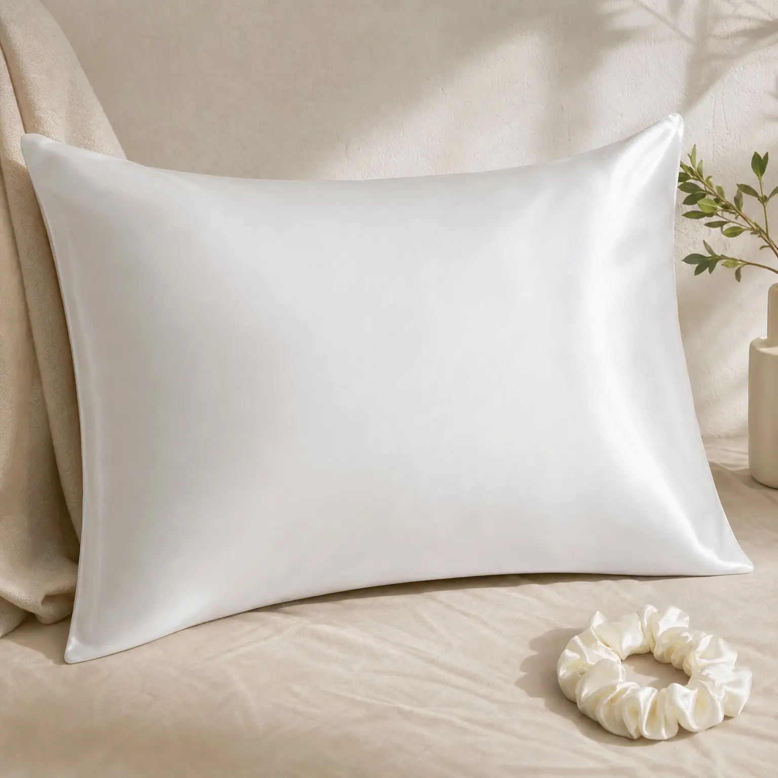 100% Mulberry Silk Pillowcase Queen Size for Hair and Skin, Beauty and Cool Sleep, Scrunchy Gift Set, Natural White (1pc, Ivory)Gift