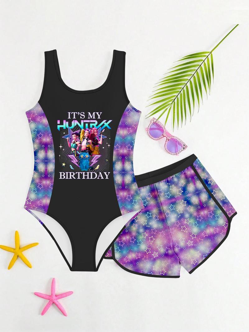 K-Pop Hunter Girl Swimsuit Set, Starry Gradient Two-Piece, Shiny Sweet Cool Separated Swimwear for Women, Tankini With Shorts