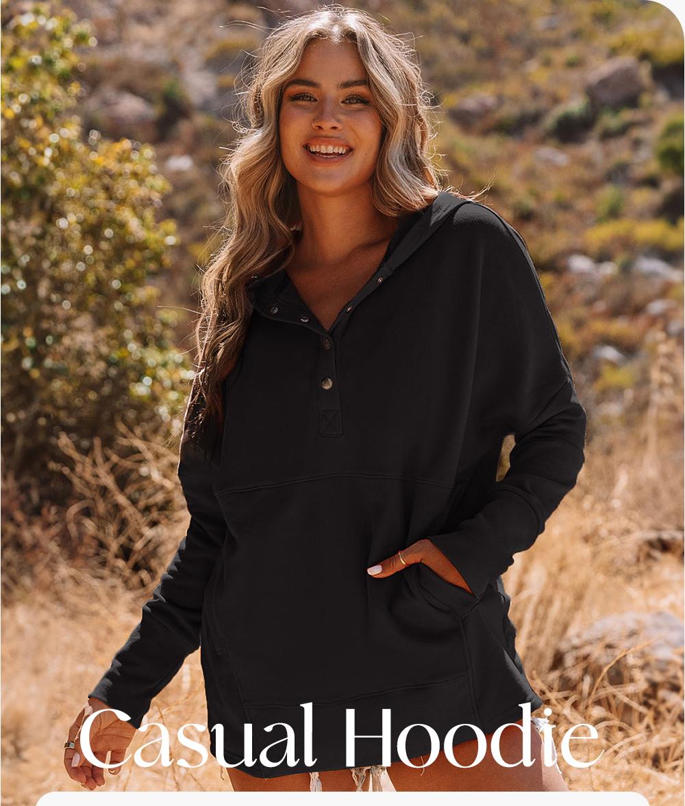 EVALESS Women's Casual Oversized Sweatshirts Hoodies Basic Button V Neck Long Sleeve Hooded Cotton Breathable Henley Pullover Tops 2026 Womenswear Winter Fall Outfits Clothes with Pockets