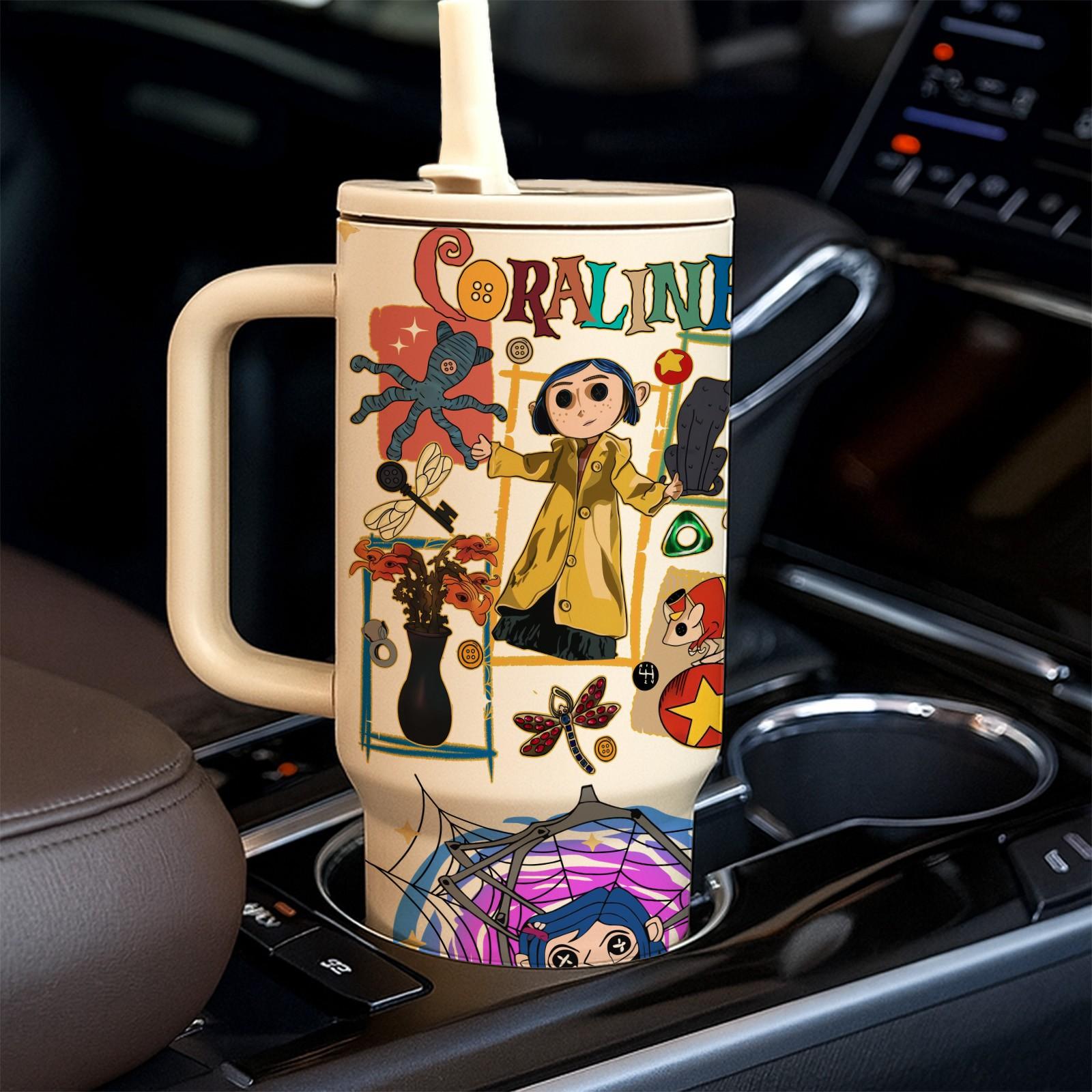 40oz insulated mug, Coraline dark fairy tale print, double wall vacuum stainless steel, straw lid with handle, leak proof, keeps hot 12h cold 24h, movie fan gift, daily use, Insulated Cup