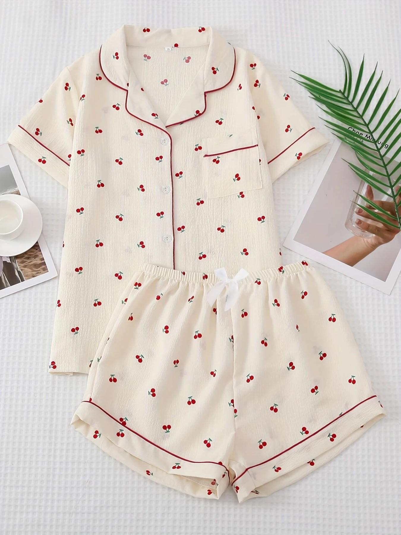 Women's Short Sleeve Button Down Top and Shorts Pajama Set, Spring Summer Wear, For Energetic Teen Girls, Cream Base Bright Cherry Print, Classic Lapel Collar, Loose Vitality Fit, Comfortable For Home & Gatherings