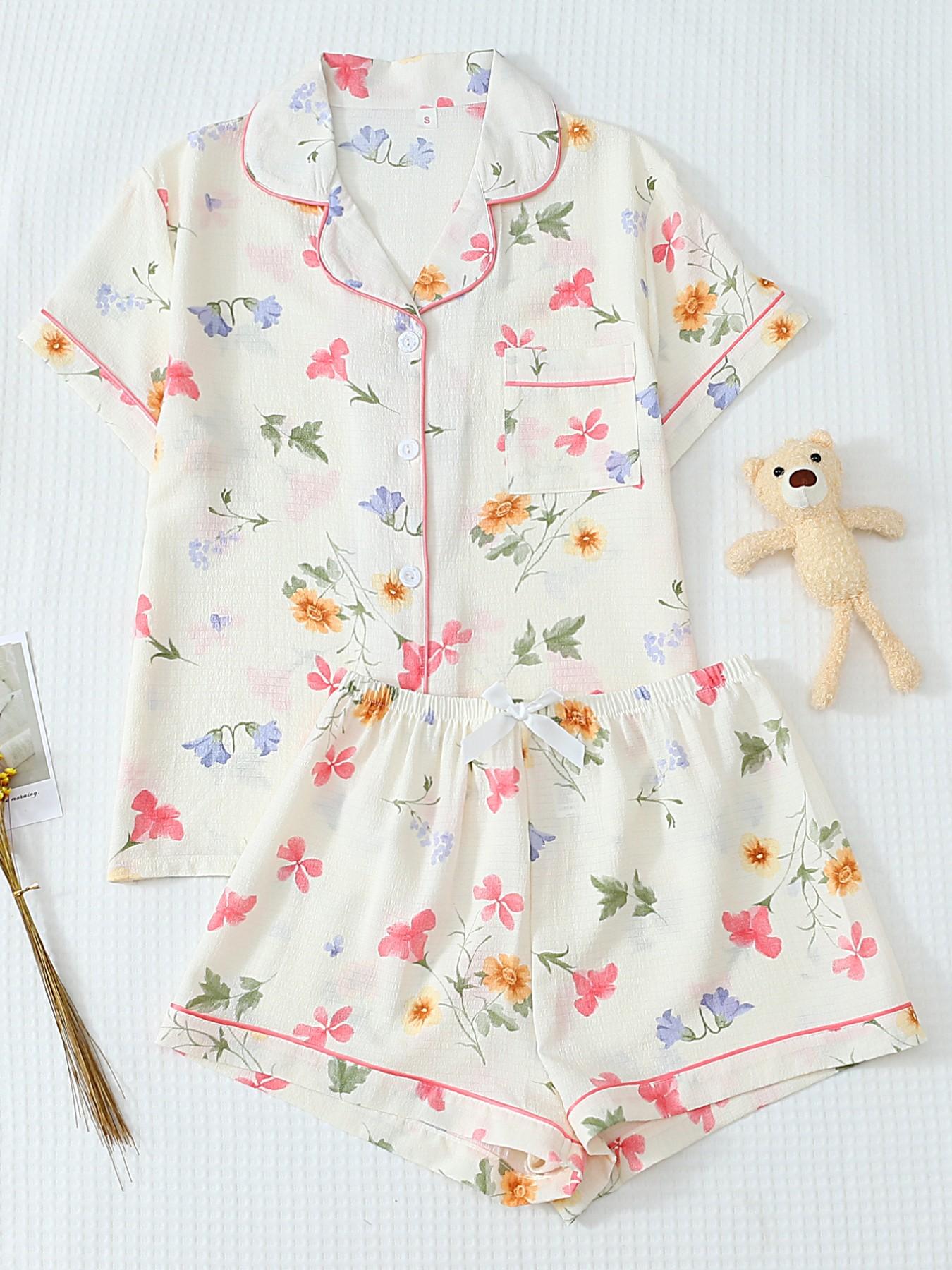 Women's Short Sleeve Button Down Top and Shorts Pajama Set, Spring Summer Wear, For Forest Style Literary Girls, Cream Base Natural Ditsy Floral Print, Classic Lapel Collar, Loose Fit, Comfortable For Home & Short Trips